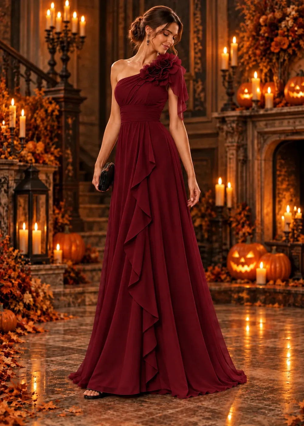 Front view of the burgundy evening gown with a one-shoulder neckline with a floral ruffle and a floor-length skirt.