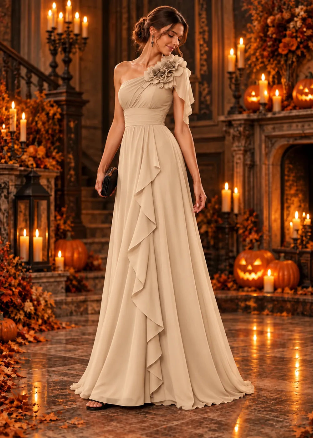 Front view of the champagne evening gown with a one-shoulder neckline with a floral ruffle and a floor-length skirt.