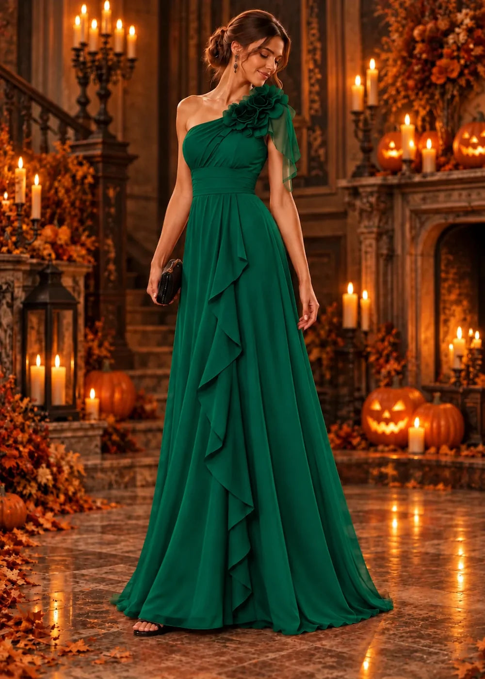 Front view of the emerald green evening gown with a one-shoulder neckline with a floral ruffle and a floor-length skirt.