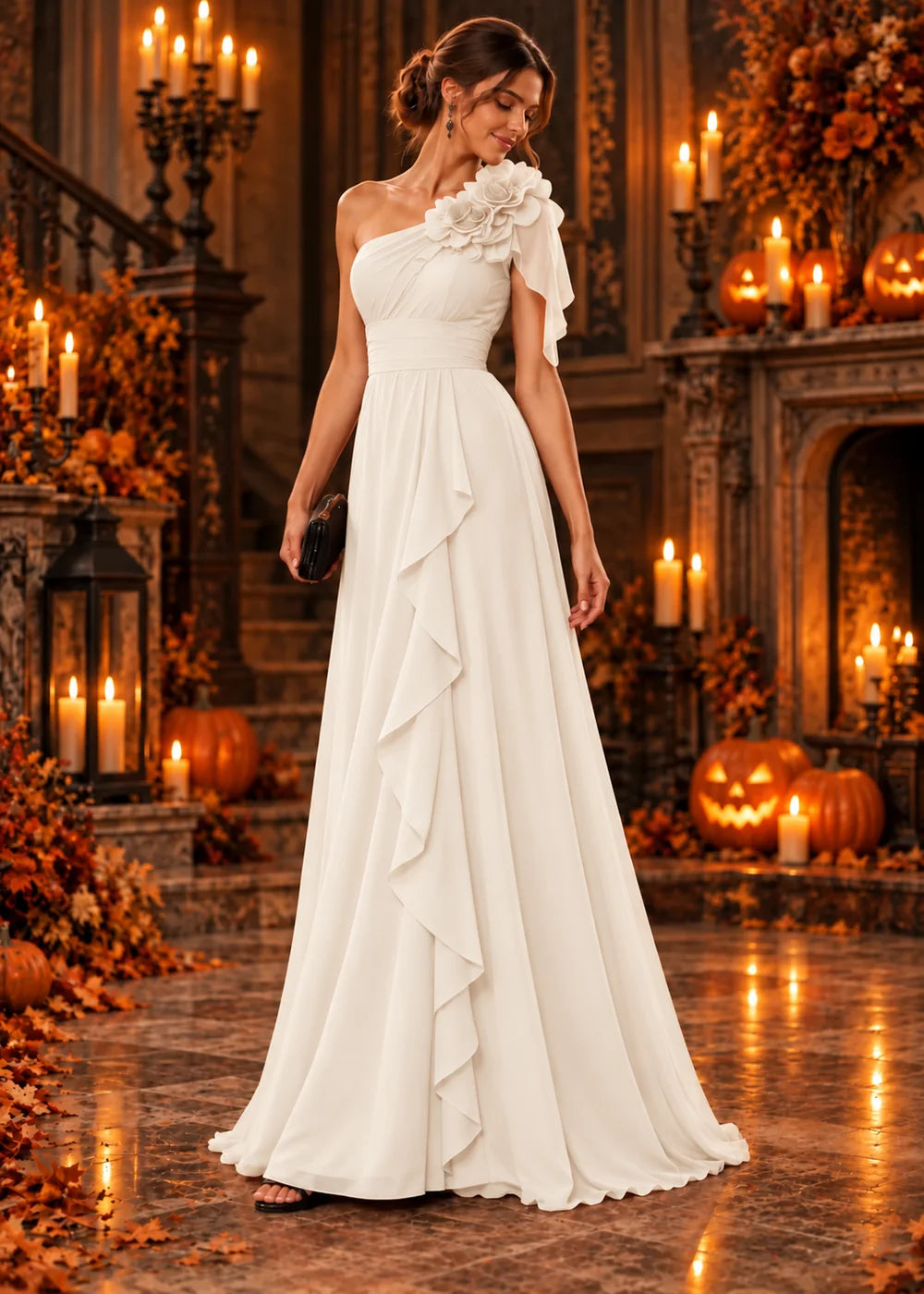Front view of the ivory evening gown with a one-shoulder neckline with a floral ruffle and a floor-length skirt.