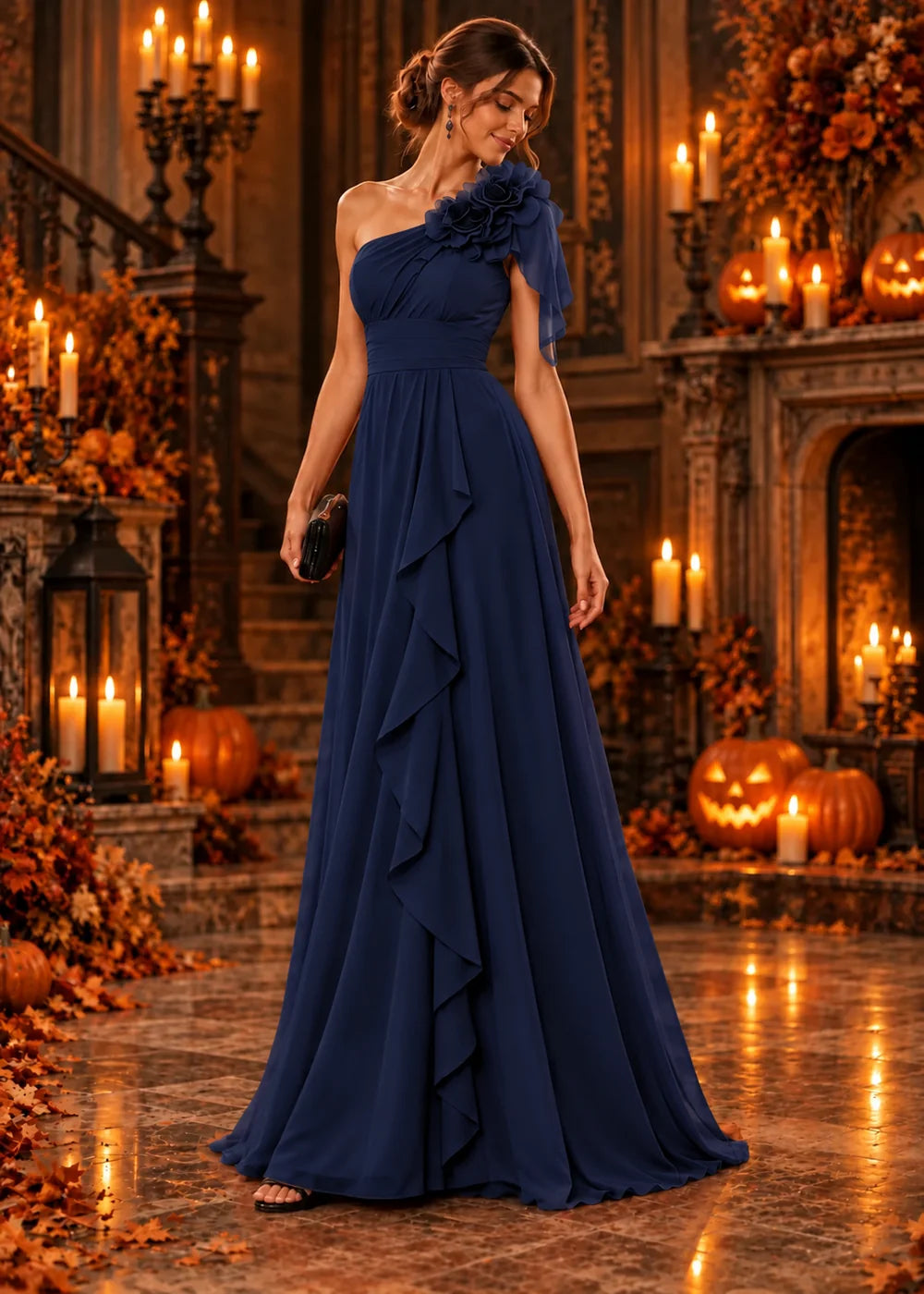 Front view of the navy blue evening gown with a one-shoulder neckline with a floral ruffle and a floor-length skirt.