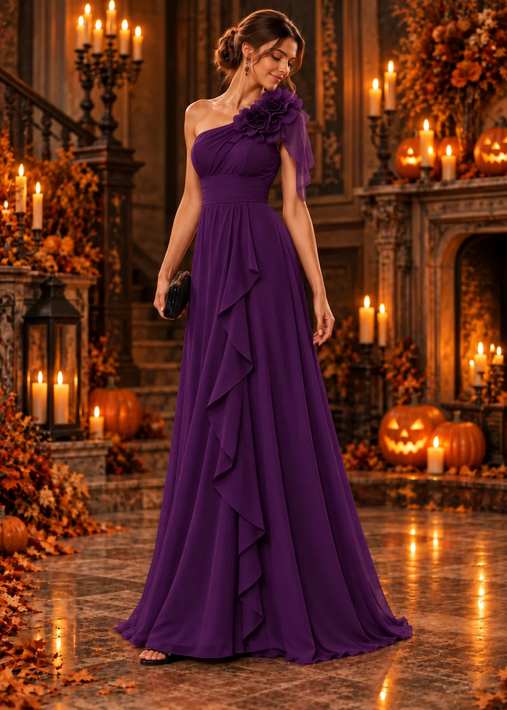 Front view of the purple evening gown with a one-shoulder neckline with a floral ruffle and a floor-length skirt.