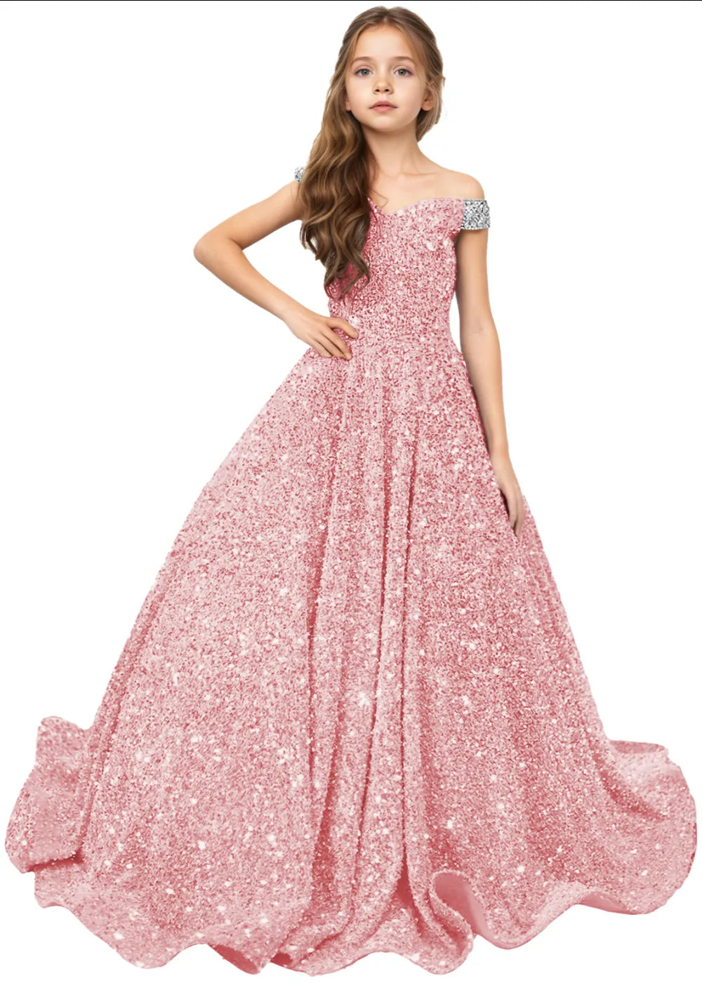 Royal Sparkle Off‑Shoulder Ball Gown for Girls