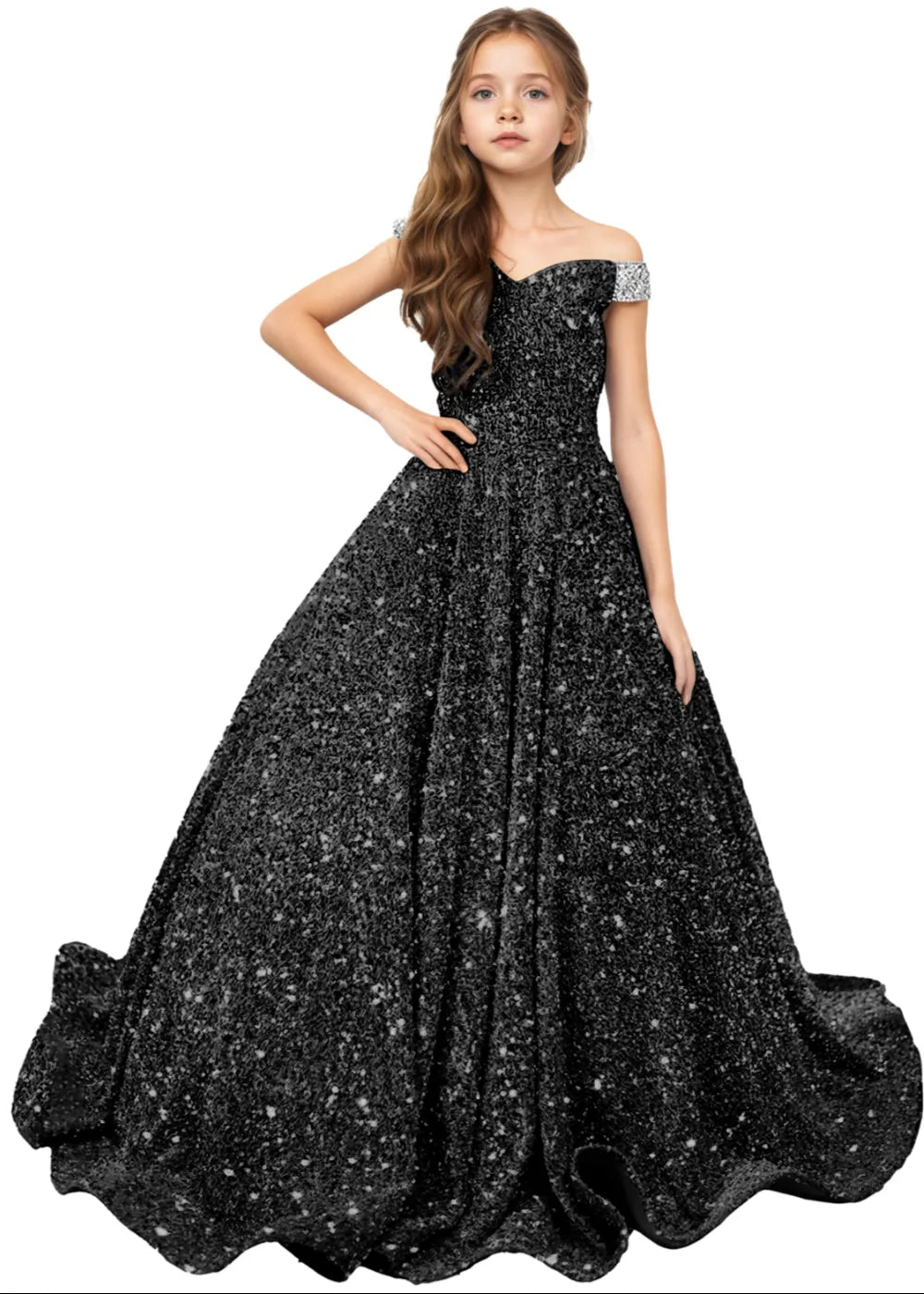Royal Sparkle Off‑Shoulder Ball Gown for Girls