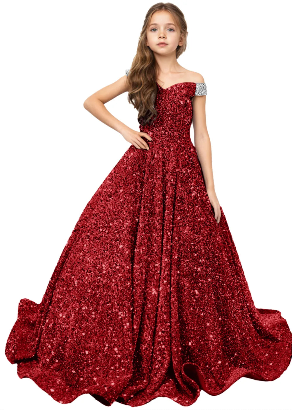 Royal Sparkle Off‑Shoulder Ball Gown for Girls