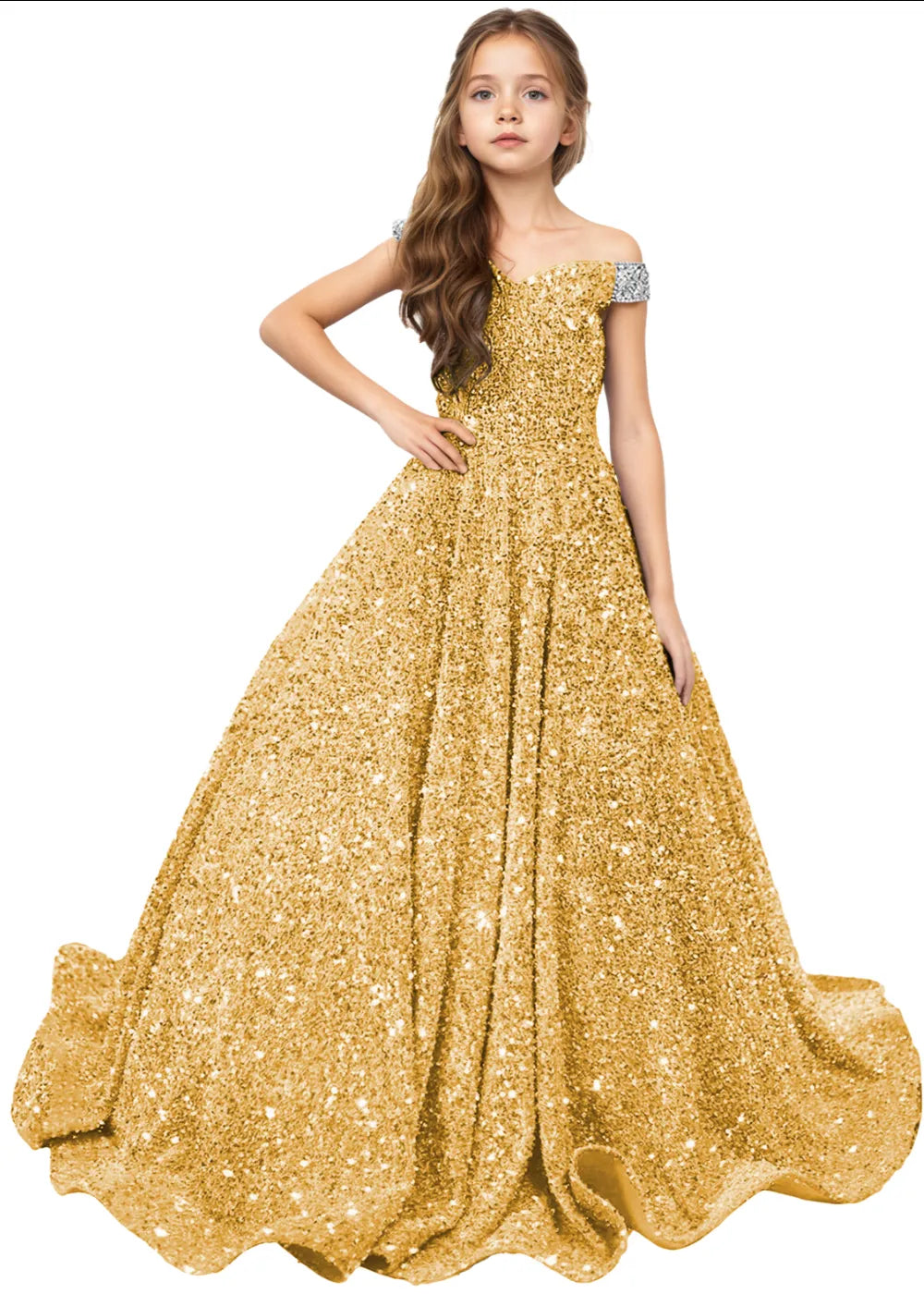 Royal Sparkle Off‑Shoulder Ball Gown for Girls