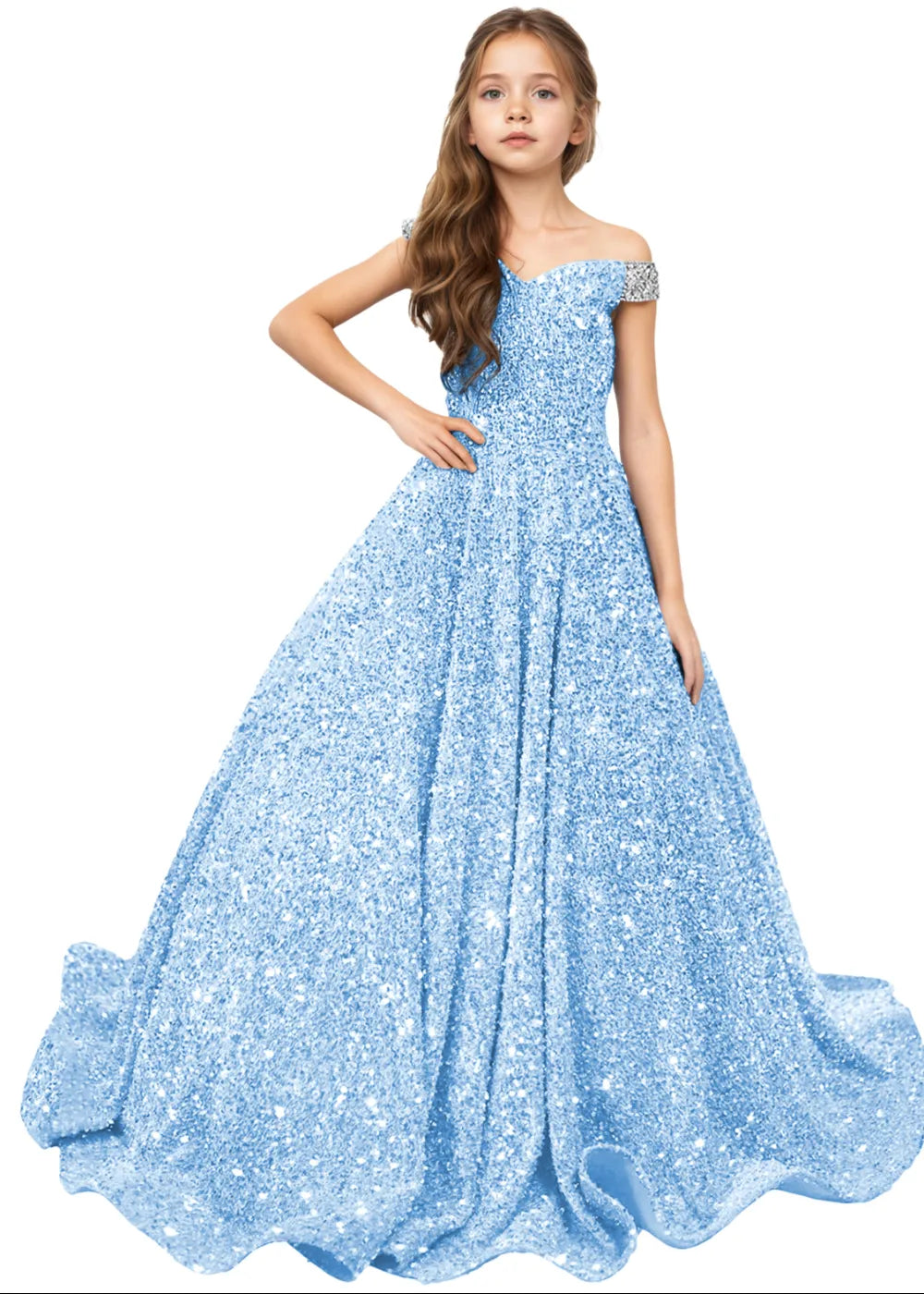 Royal Sparkle Off‑Shoulder Ball Gown for Girls