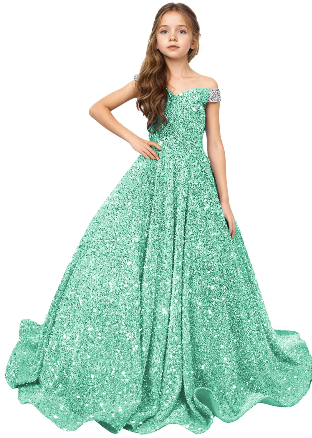 Royal Sparkle Off‑Shoulder Ball Gown for Girls