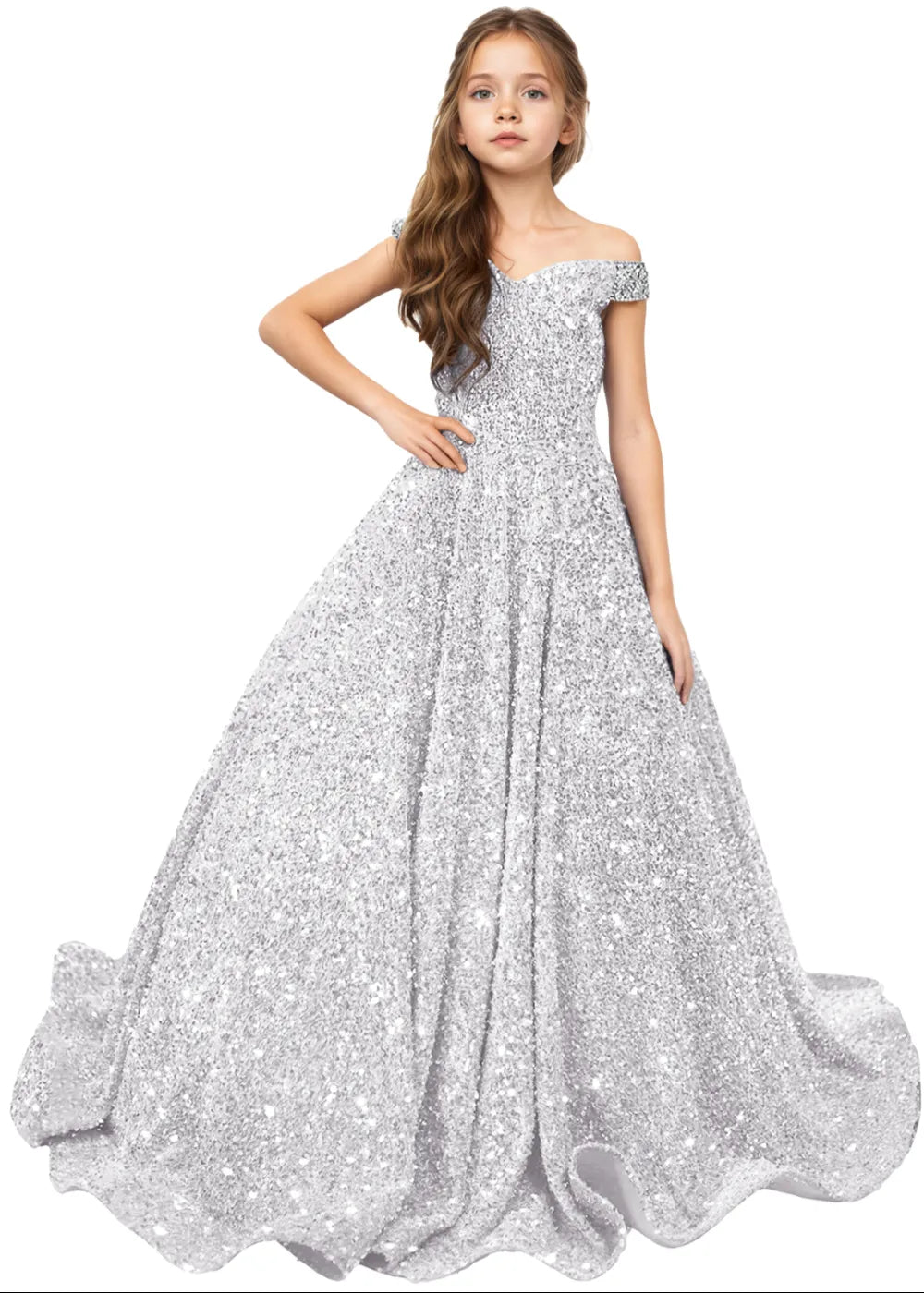 Royal Sparkle Off‑Shoulder Ball Gown for Girls