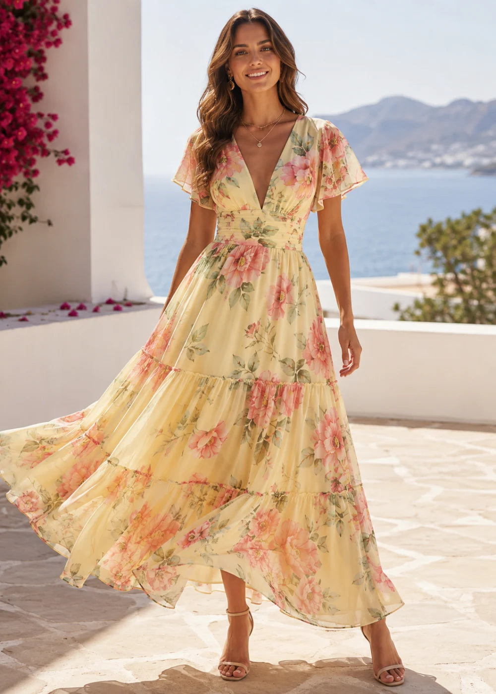 Pale Yellow Coral Floral Flutter-Sleeve Tiered Maxi Dress