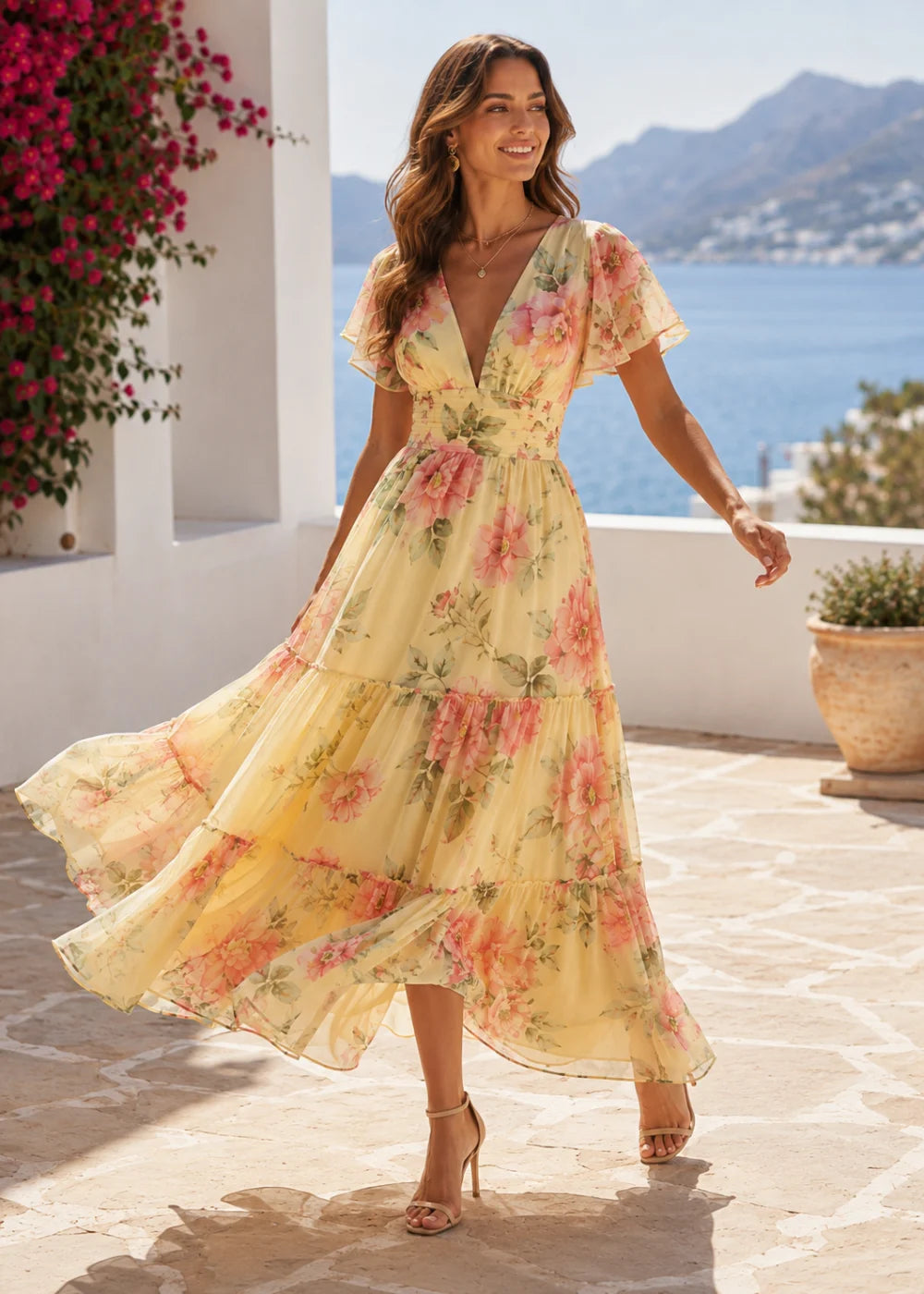 Pale Yellow Coral Floral Flutter-Sleeve Tiered Maxi Dress