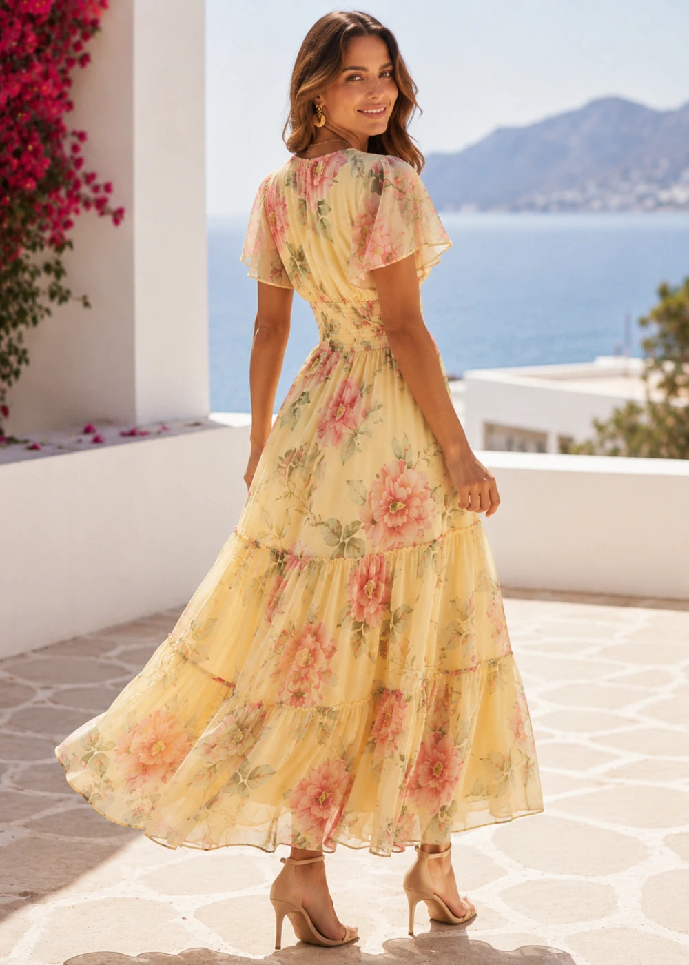 Pale Yellow Coral Floral Flutter-Sleeve Tiered Maxi Dress