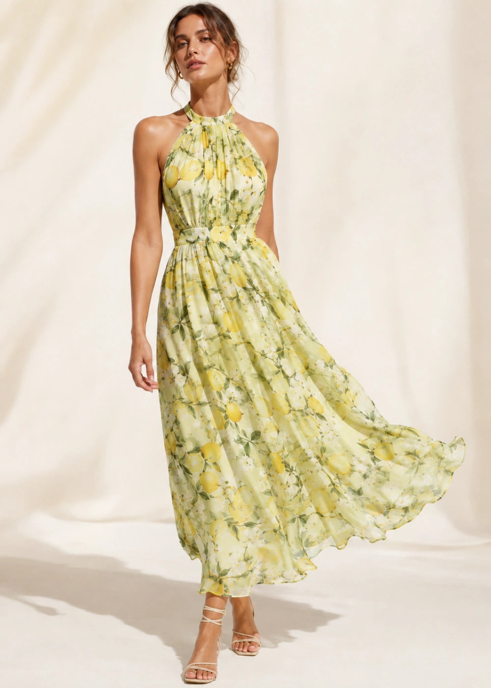 Pale Yellow Floral Halter Chiffon Maxi Dress