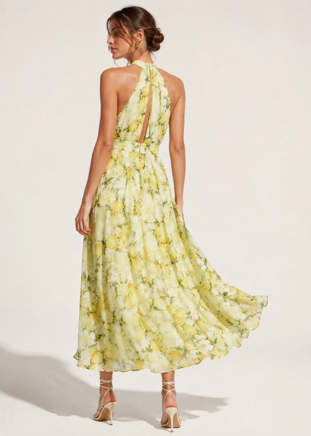 Pale Yellow Floral Halter Chiffon Maxi Dress