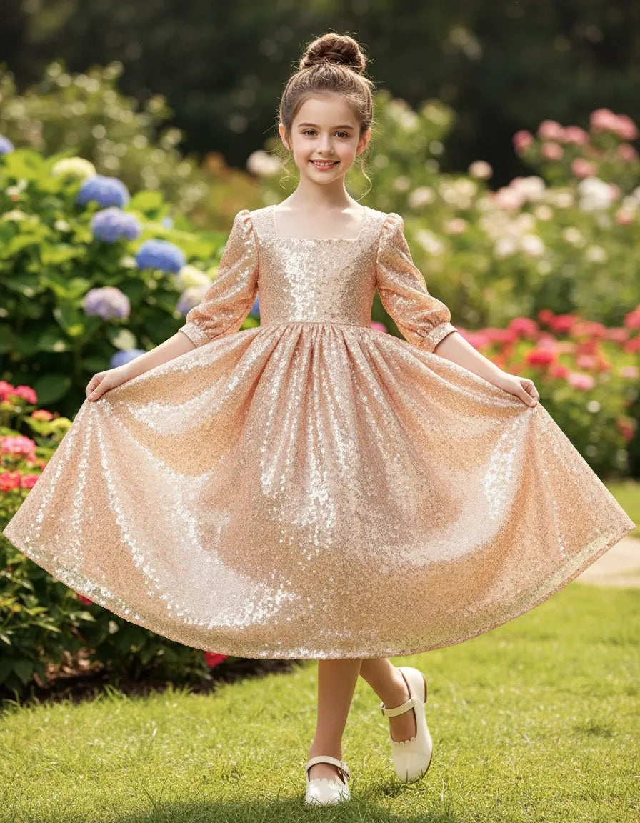 Girls Sequin Flower Girl Dress with Sleeves