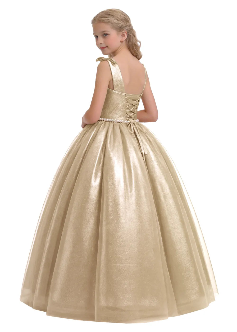 Pearl Bow One Shoulder Flower Girl Dress