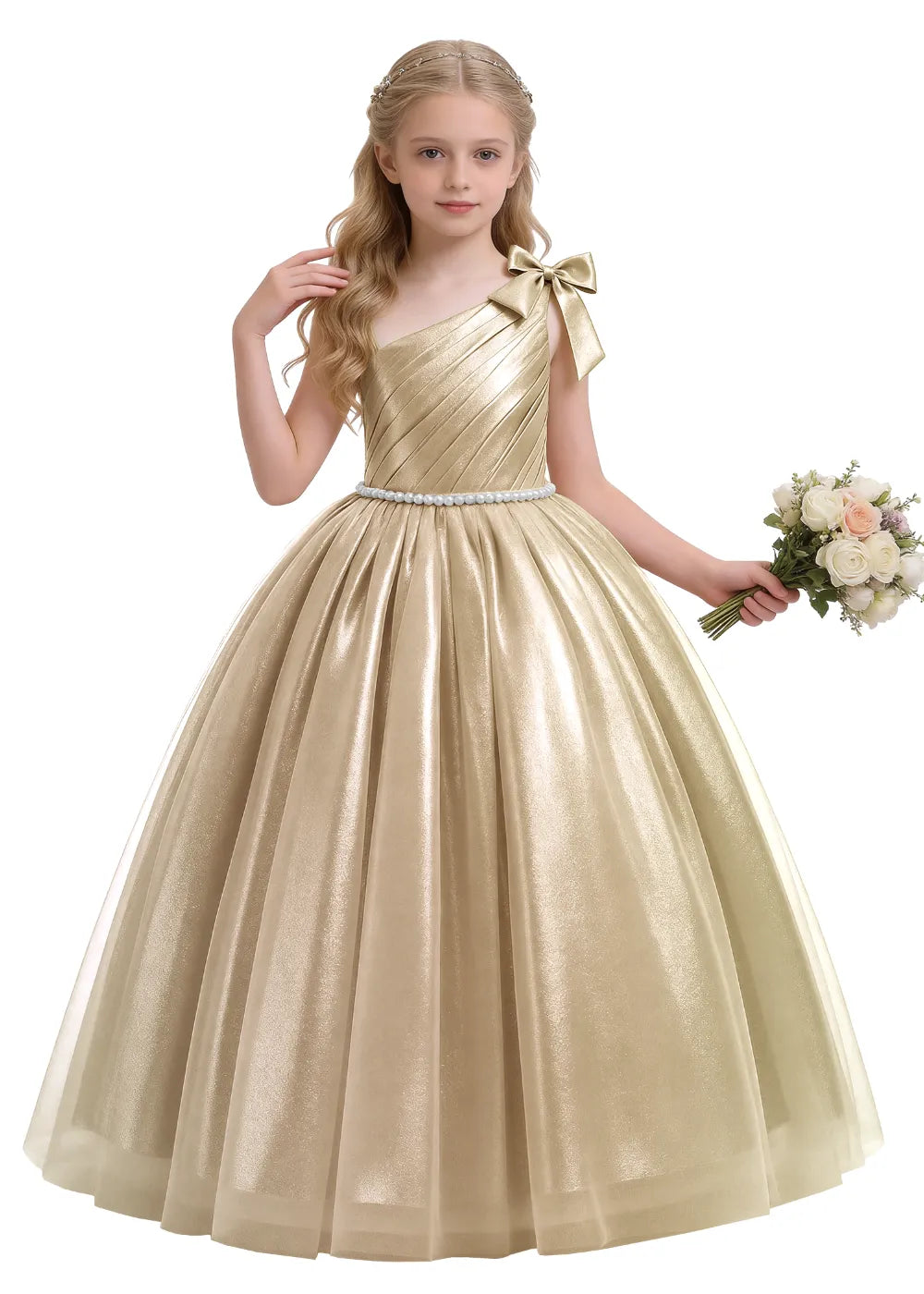 Pearl Bow One Shoulder Flower Girl Dress
