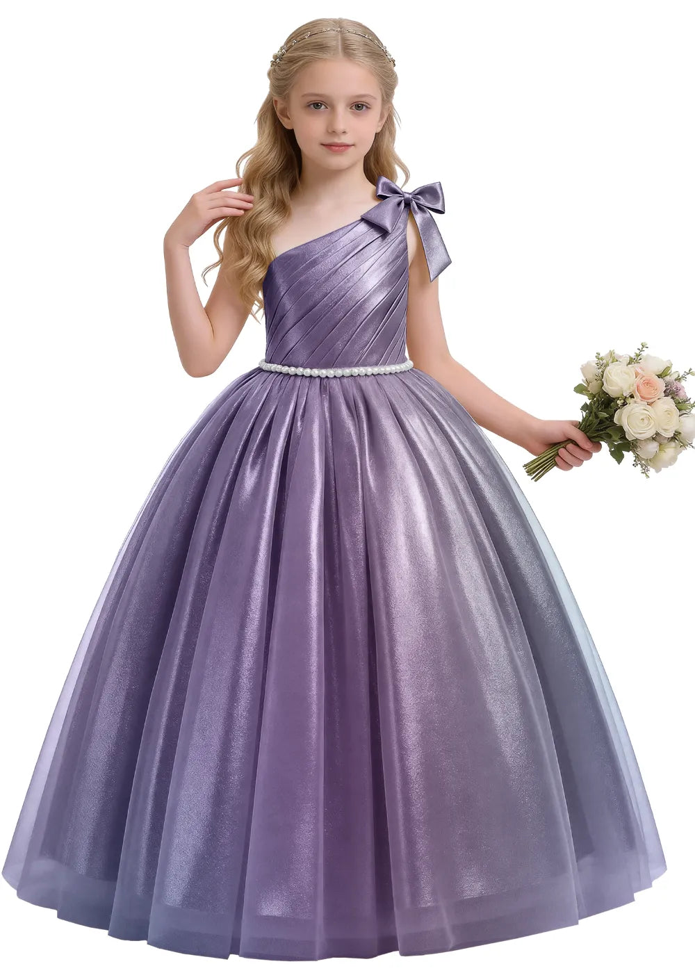 Pearl Bow One Shoulder Flower Girl Dress