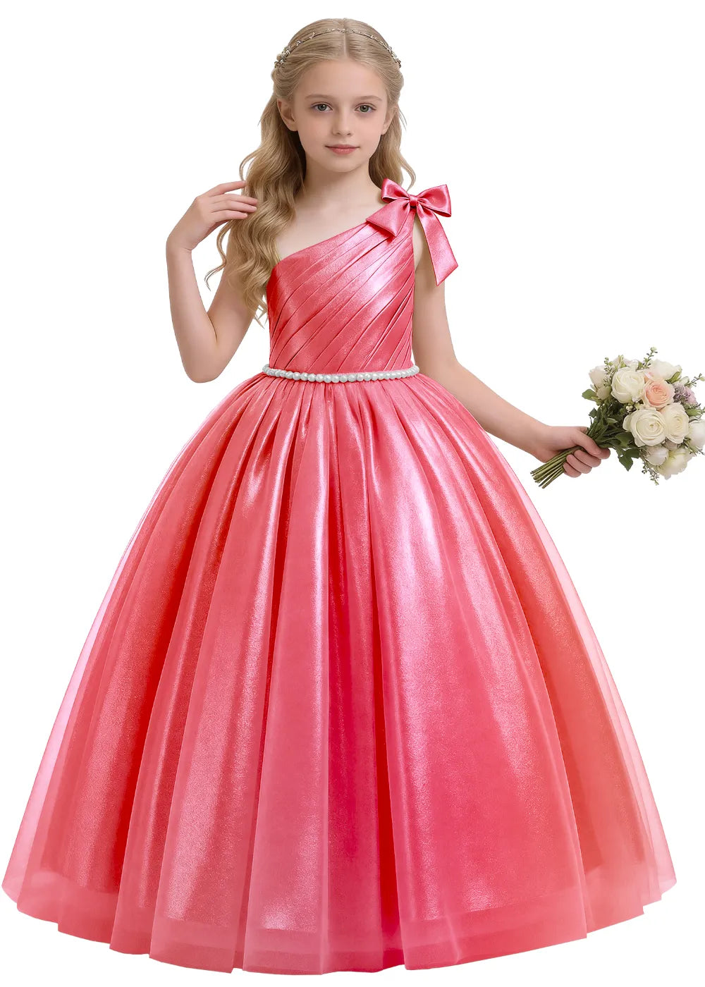 Pearl Bow One Shoulder Flower Girl Dress