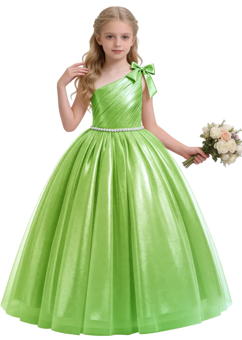 Pearl Bow One Shoulder Flower Girl Dress