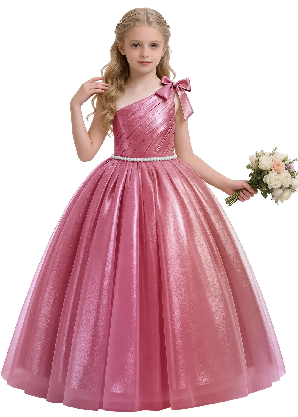 Pearl Bow One Shoulder Flower Girl Dress