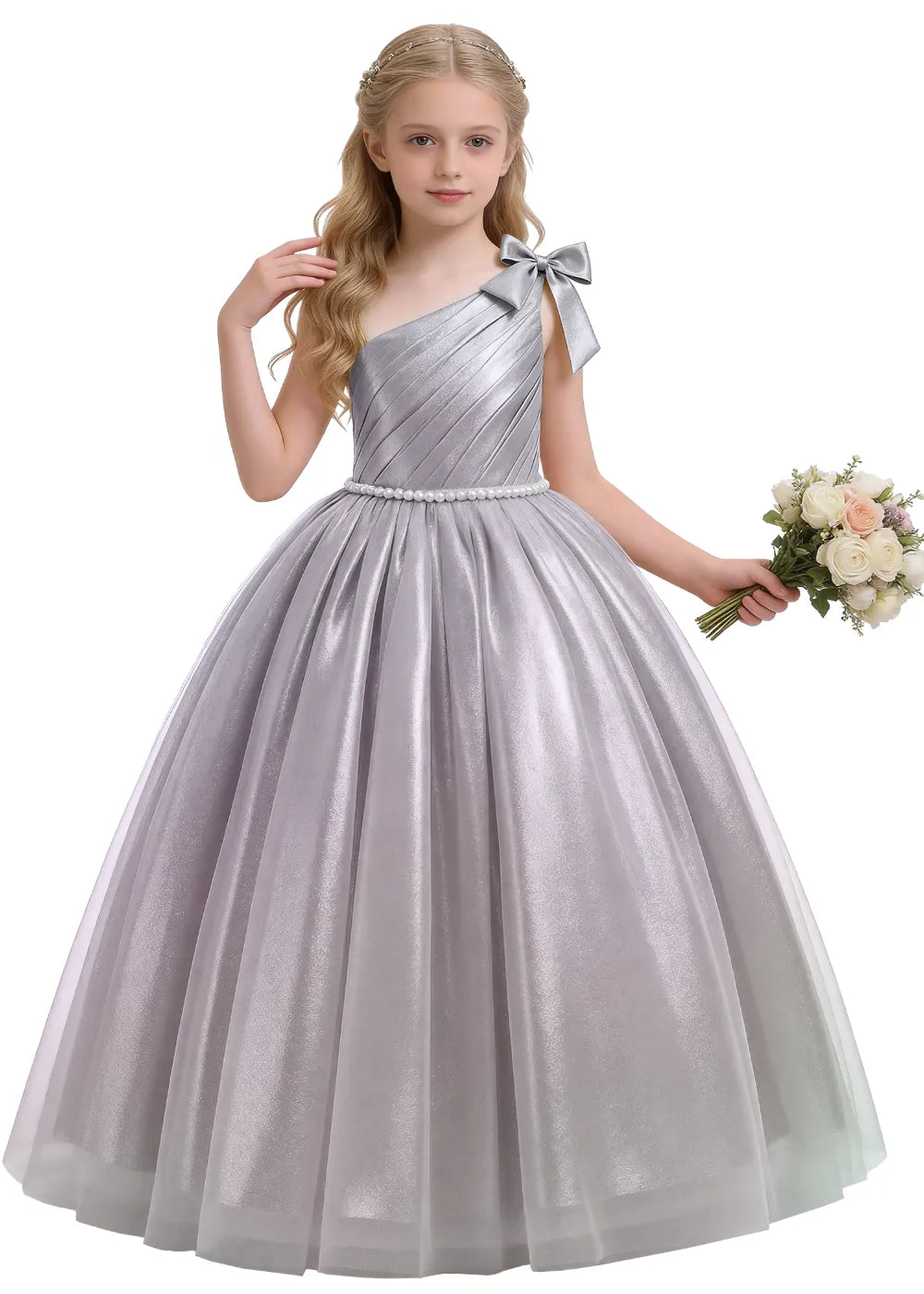 Pearl Bow One Shoulder Flower Girl Dress