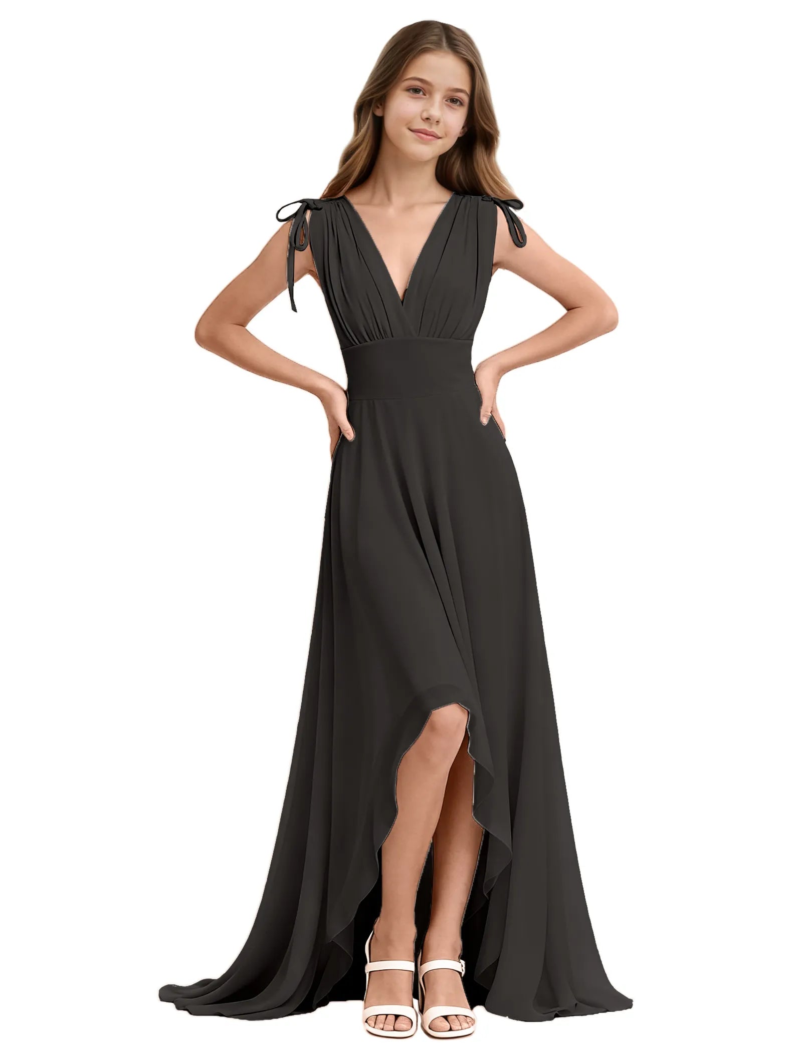 Youth High-Low Chiffon Dress with Bow Straps