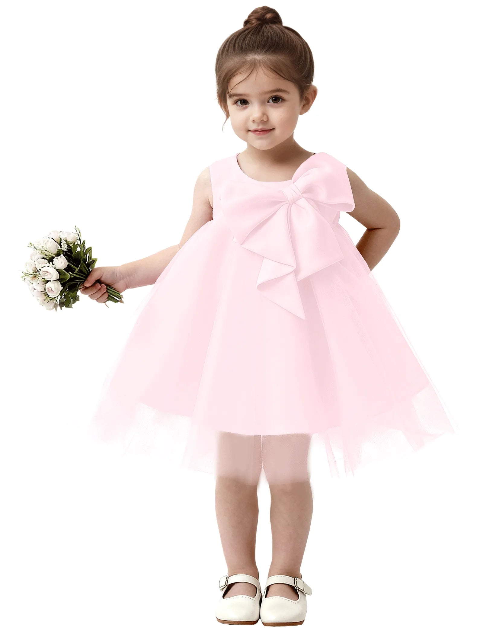 Baby Girl Formal Dress with Mesh Overlay and Bow