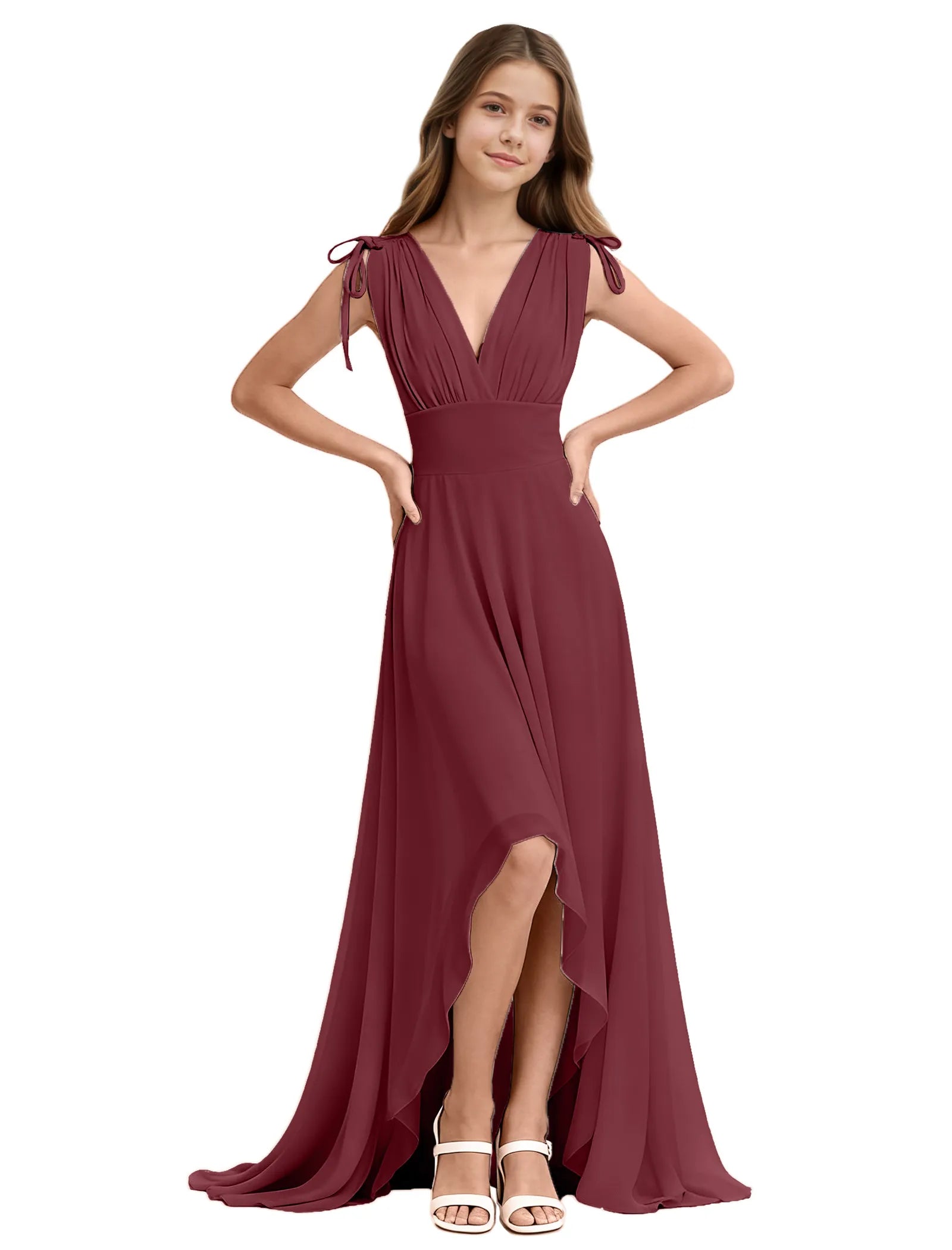 Youth High-Low Chiffon Dress with Bow Straps