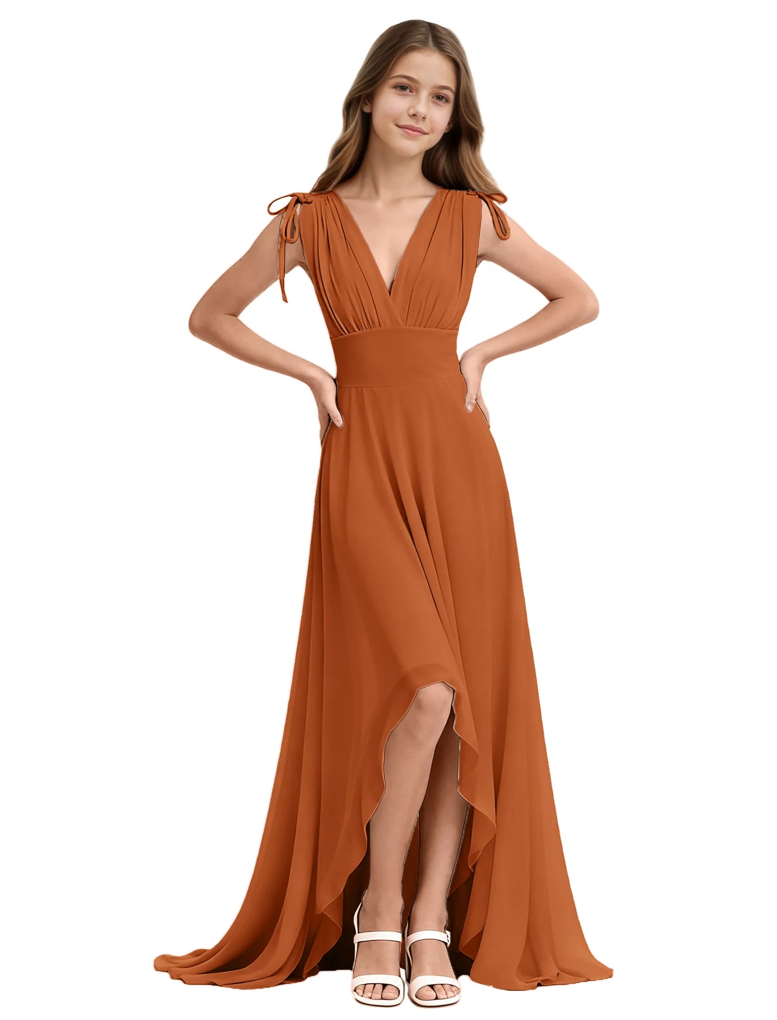 Youth High-Low Chiffon Dress with Bow Straps