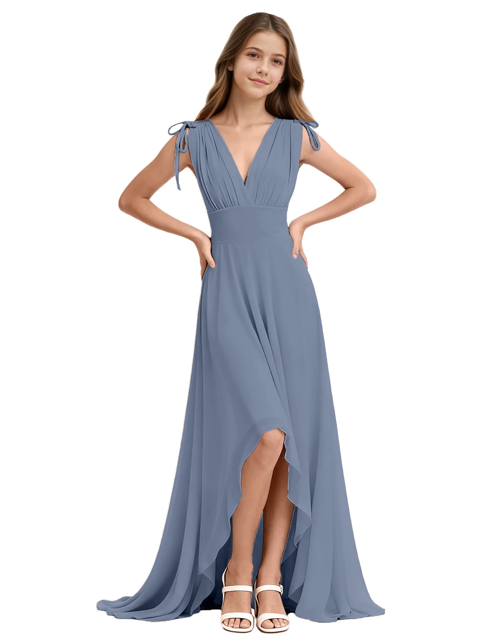 Youth High-Low Chiffon Dress with Bow Straps