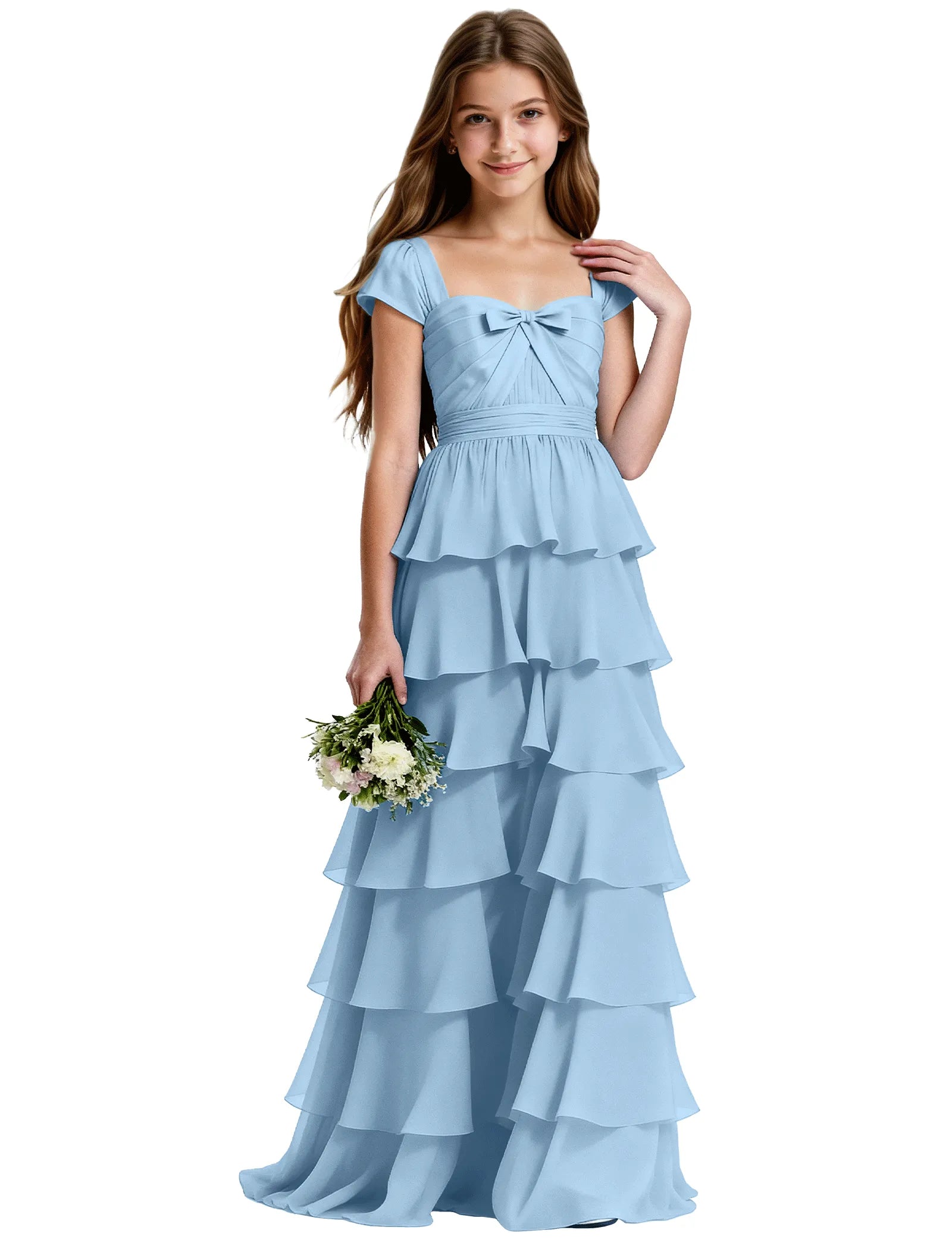 Tiered Ruffle A-Line Gown With Bow Neckline