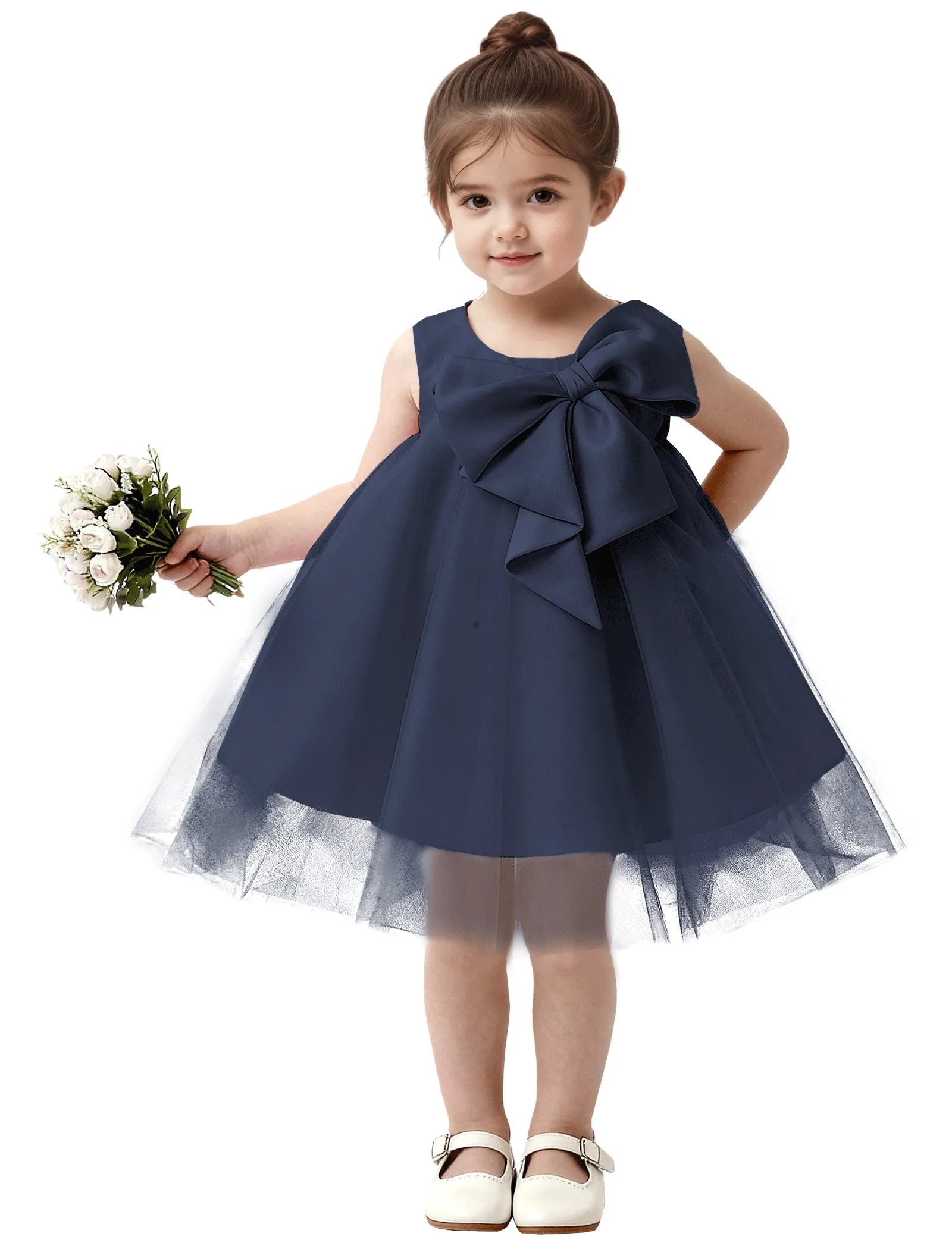 Baby Girl Formal Dress with Mesh Overlay and Bow