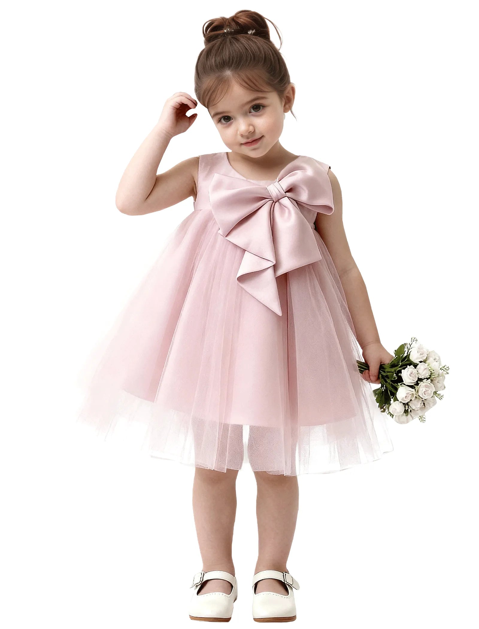 Baby Girl Formal Dress with Mesh Overlay and Bow
