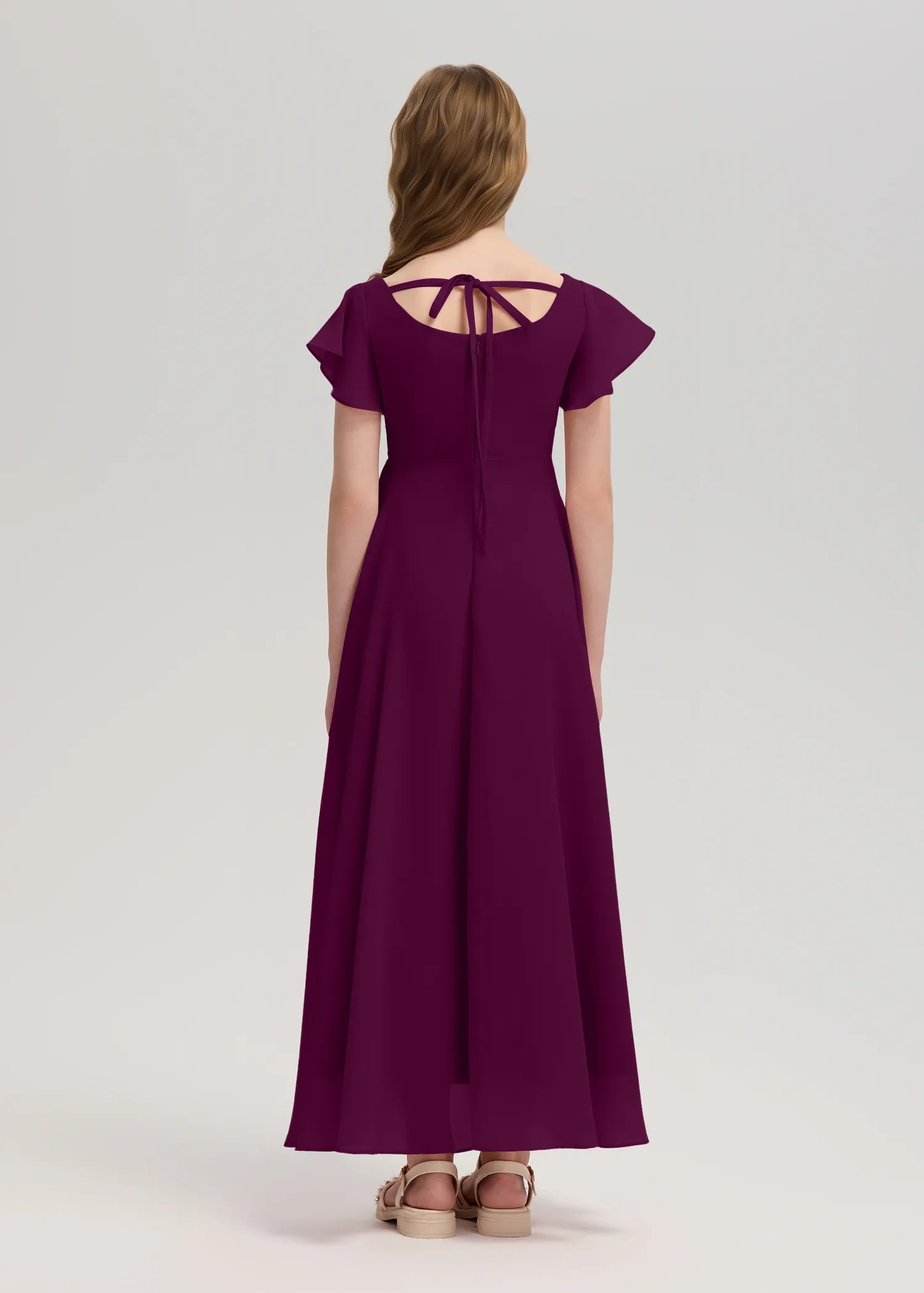 Square Neck Flutter Sleeve Chiffon Dress -[Purple]