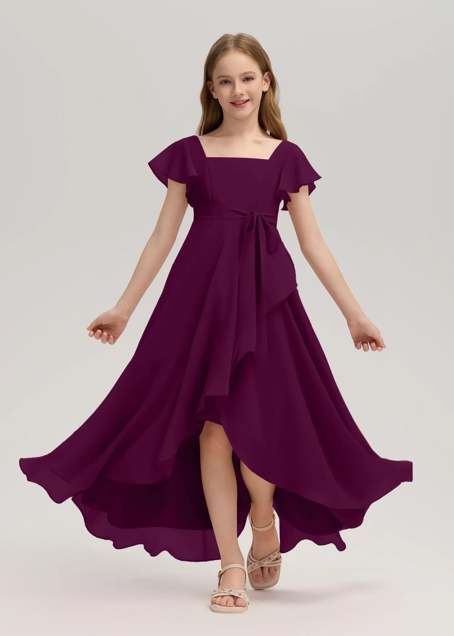 Square Neck Flutter Sleeve Chiffon Dress -[Purple]