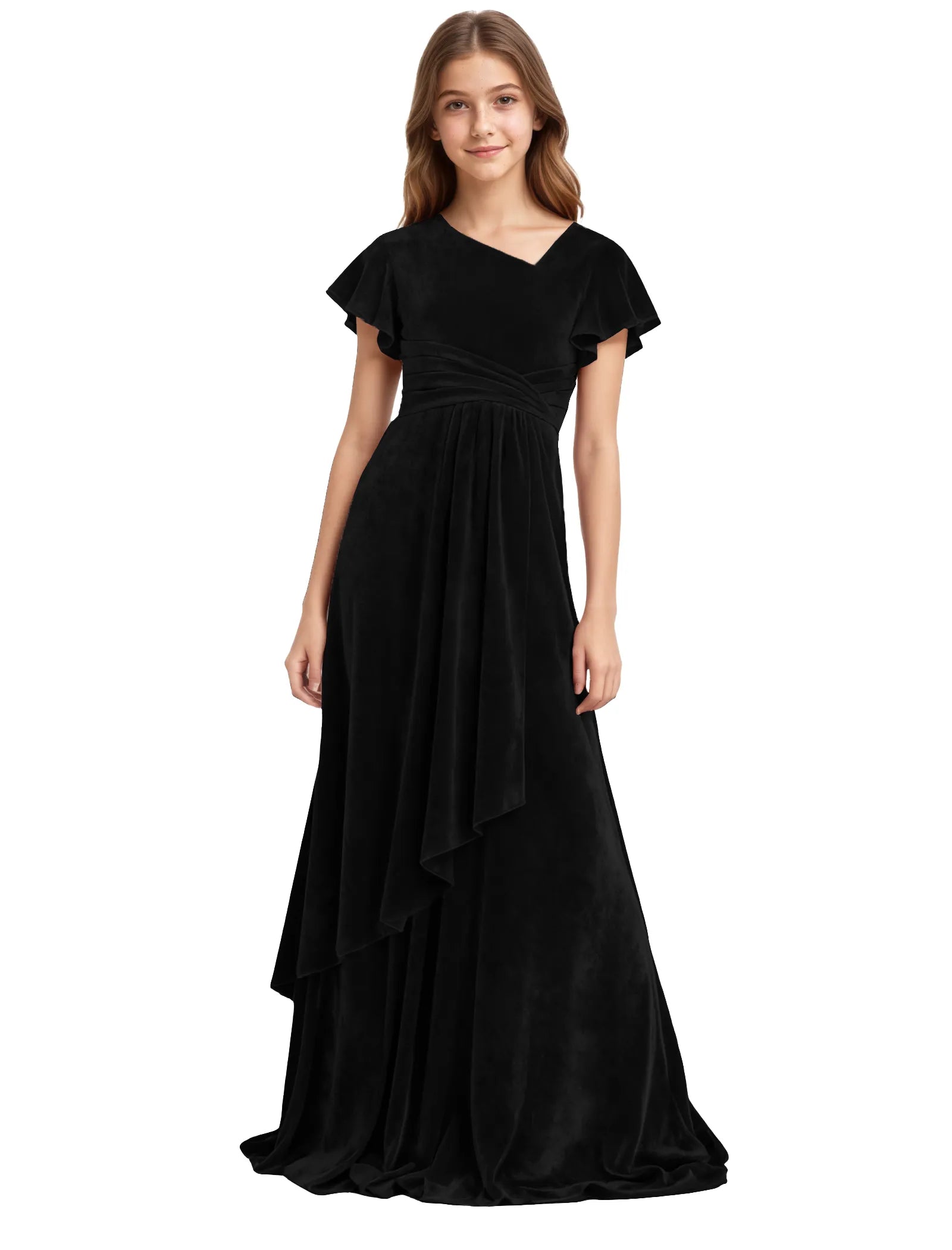 Girls Velvet V-Neck Gown with Draped Ruffle Skirt