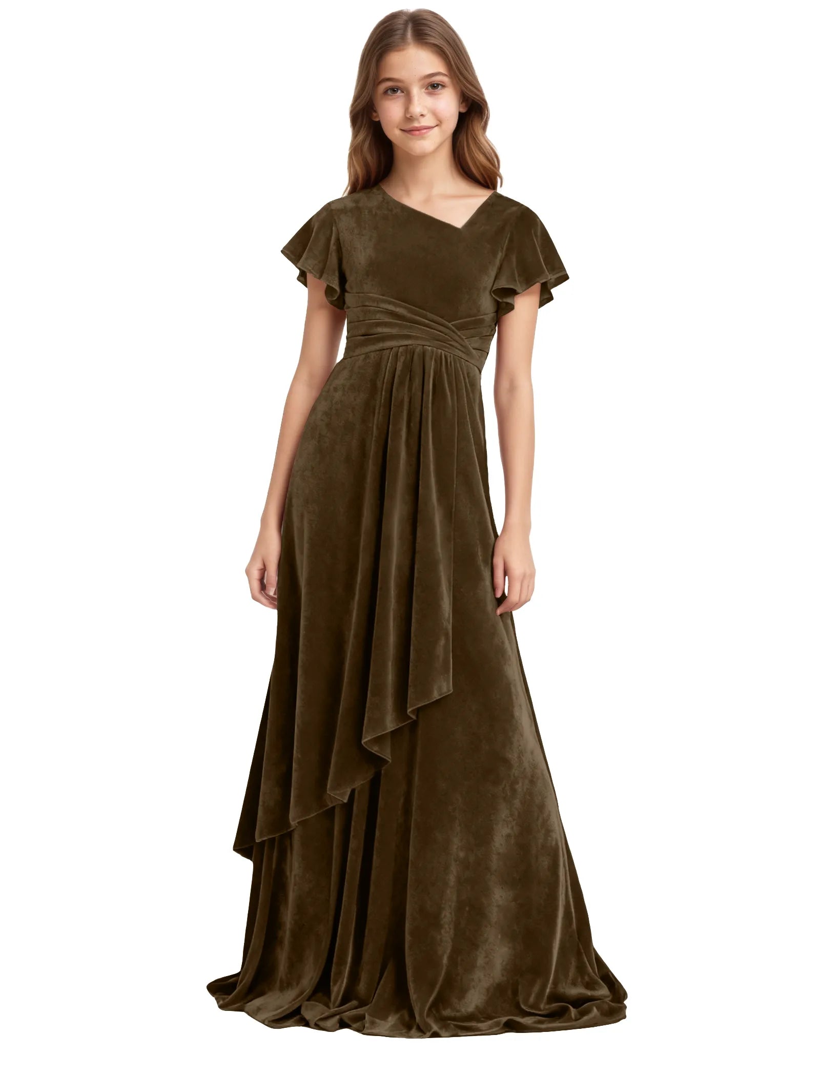 Girls Velvet V-Neck Gown with Draped Ruffle Skirt
