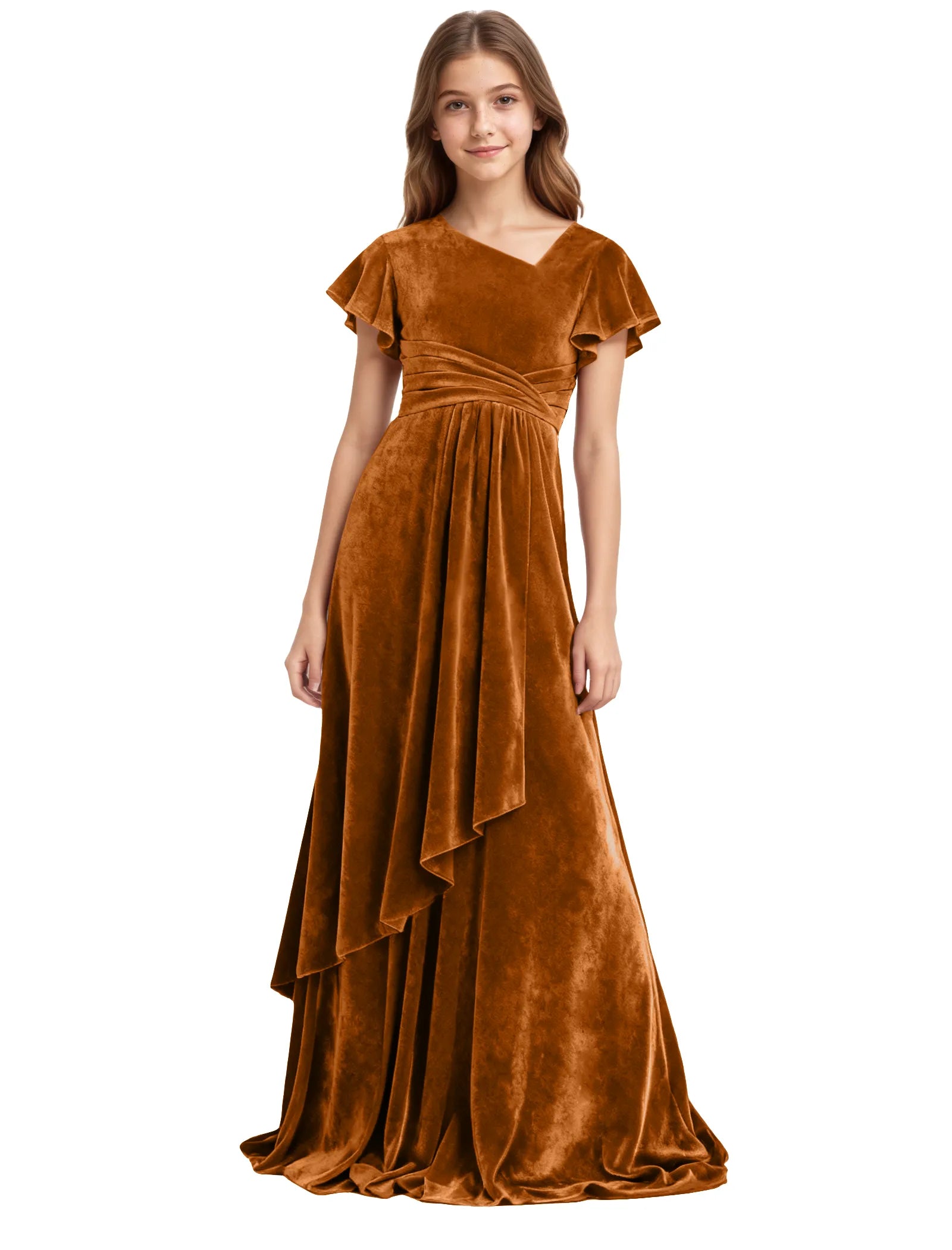 Girls Velvet V-Neck Gown with Draped Ruffle Skirt