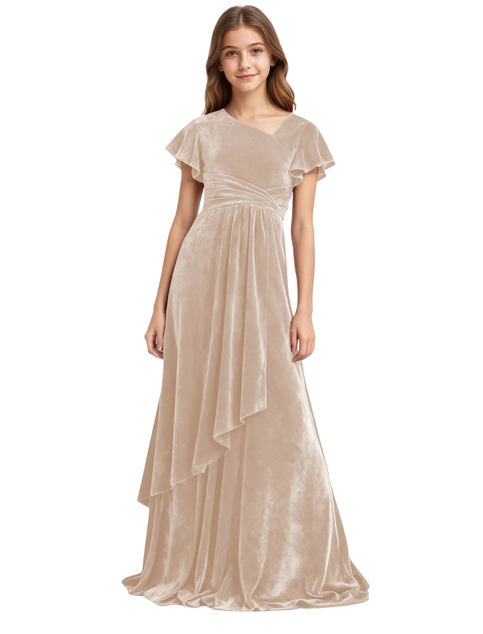 Girls Velvet V-Neck Gown with Draped Ruffle Skirt