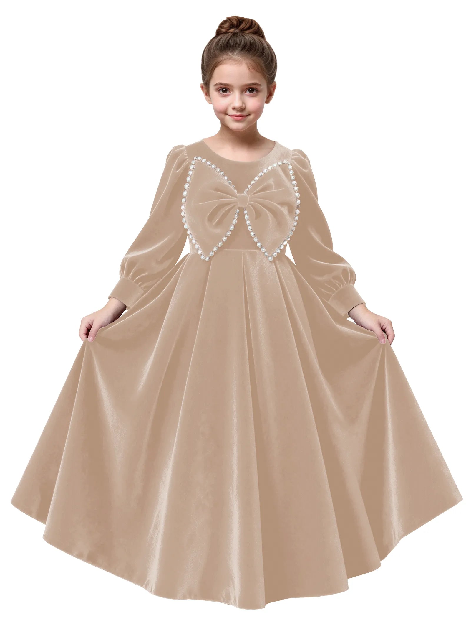 Long Sleeve Velvet Flower Girl Dress with Pearl Bow