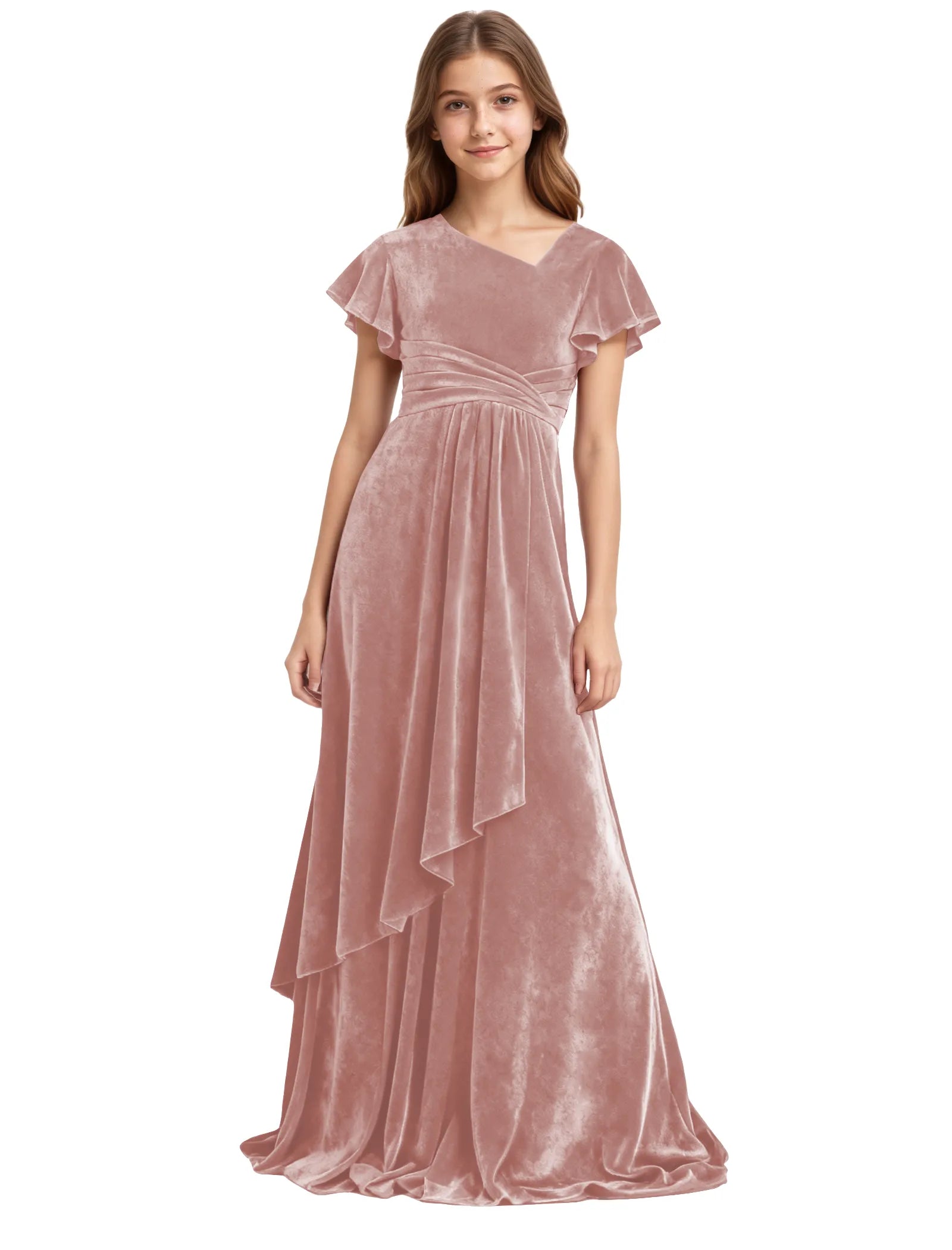Girls Velvet V-Neck Gown with Draped Ruffle Skirt