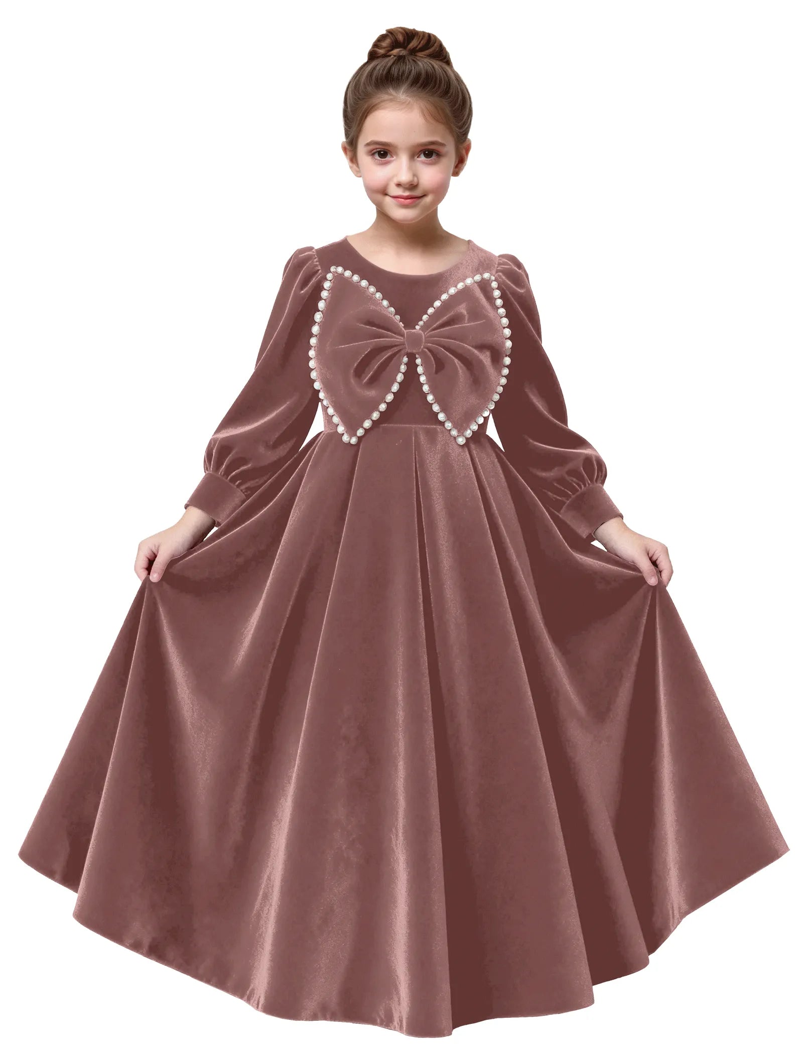 Long Sleeve Velvet Flower Girl Dress with Pearl Bow
