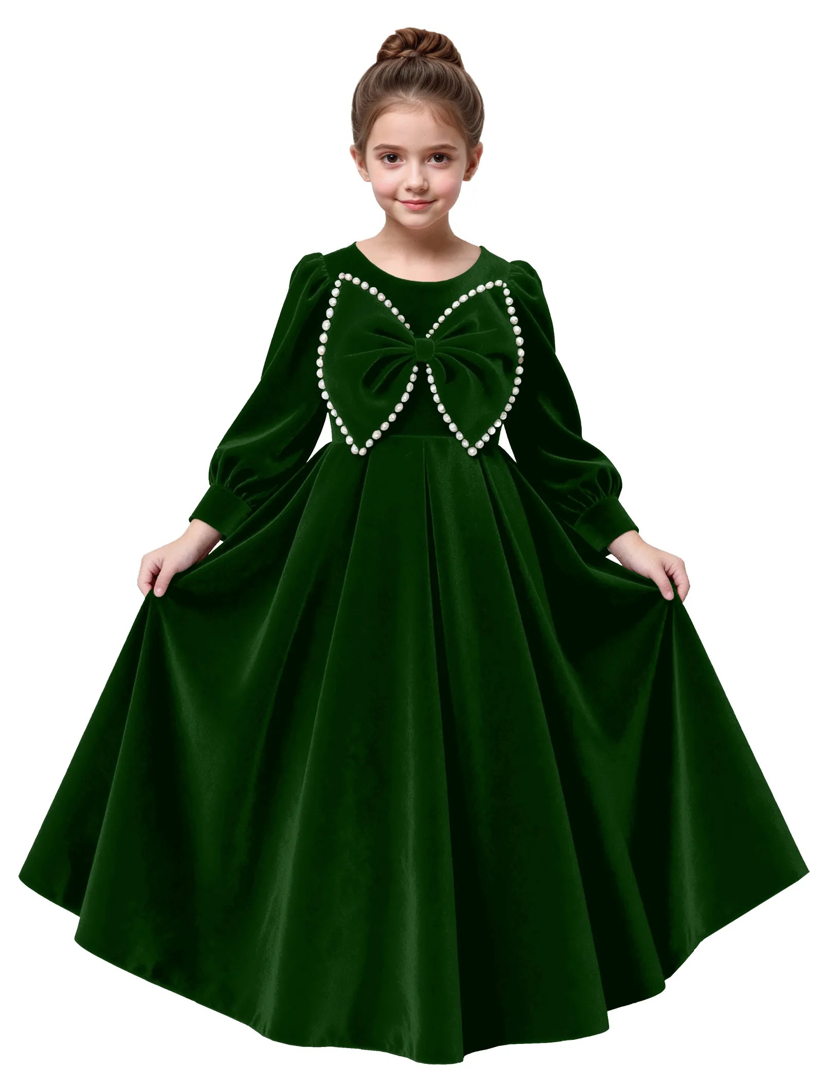 Long Sleeve Velvet Flower Girl Dress with Pearl Bow