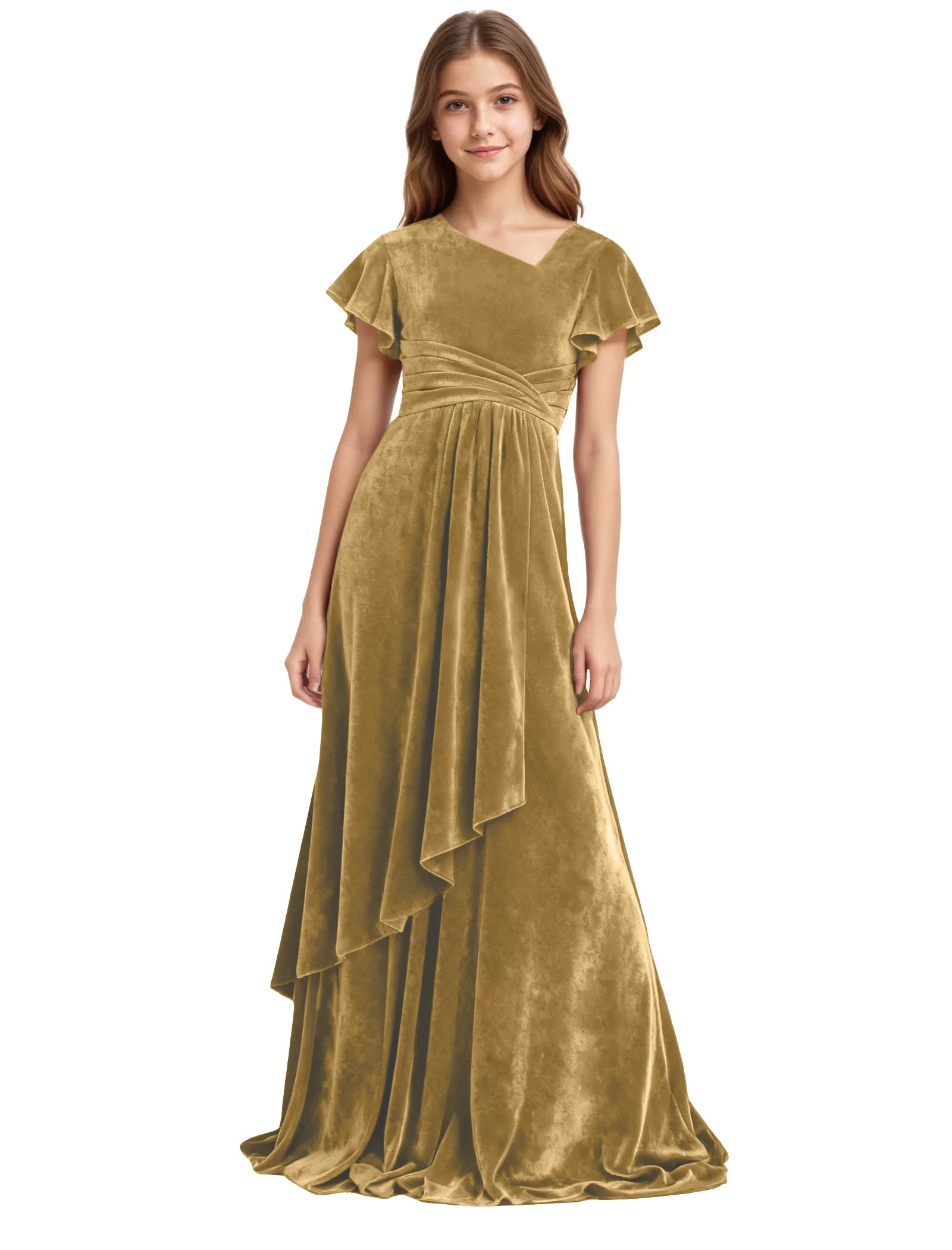 Girls Velvet V-Neck Gown with Draped Ruffle Skirt