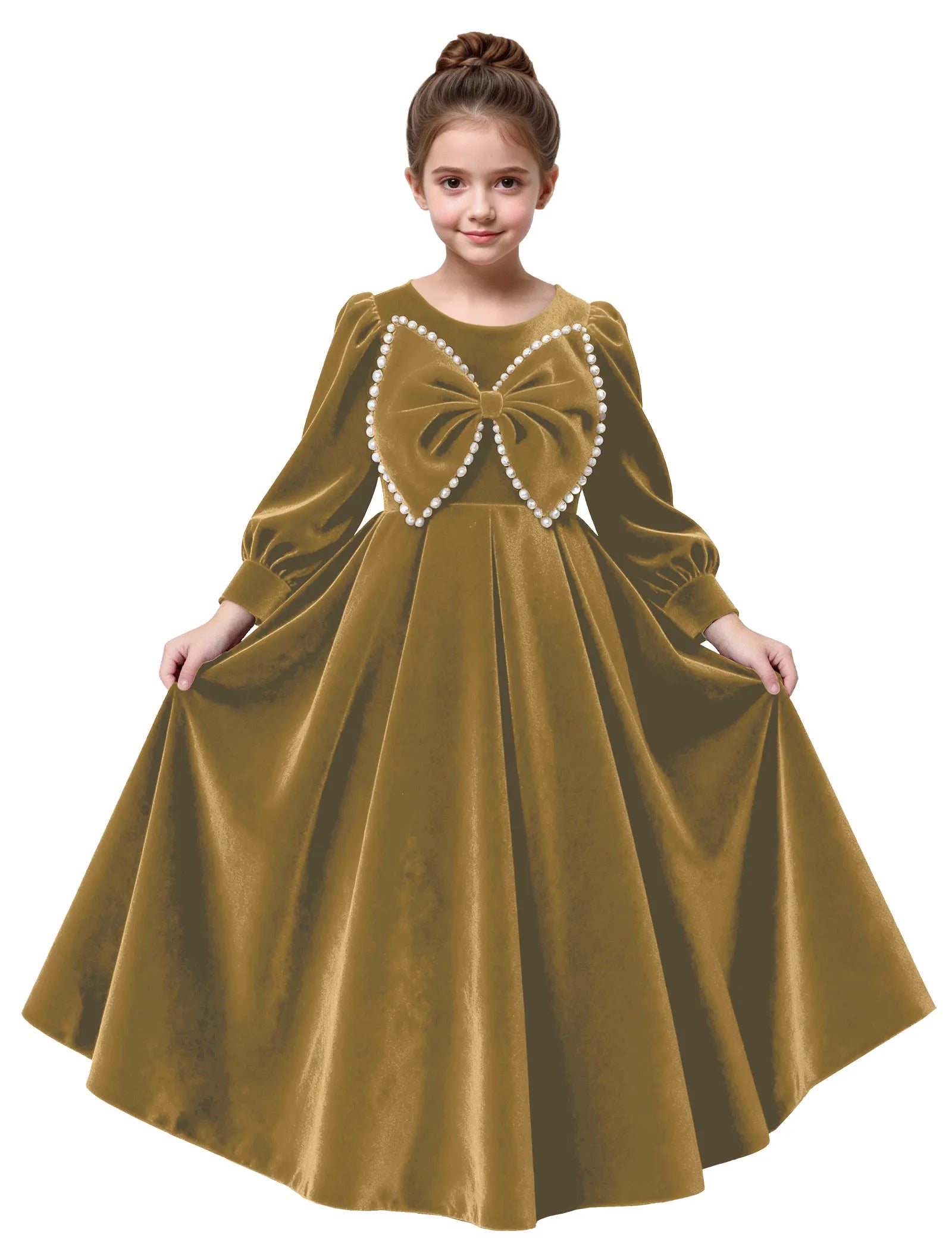 Long Sleeve Velvet Flower Girl Dress with Pearl Bow