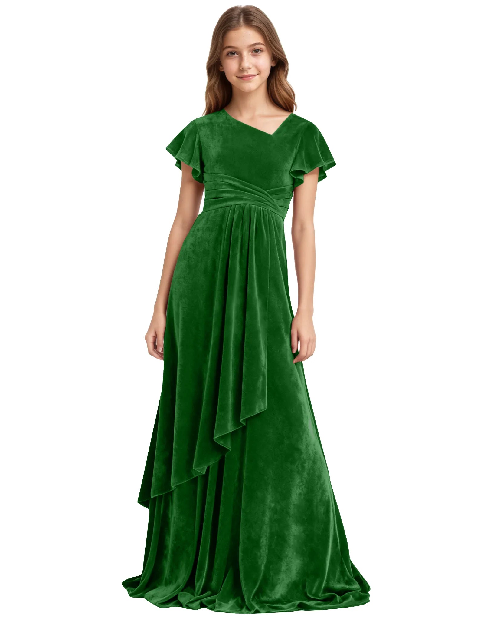 Girls Velvet V-Neck Gown with Draped Ruffle Skirt