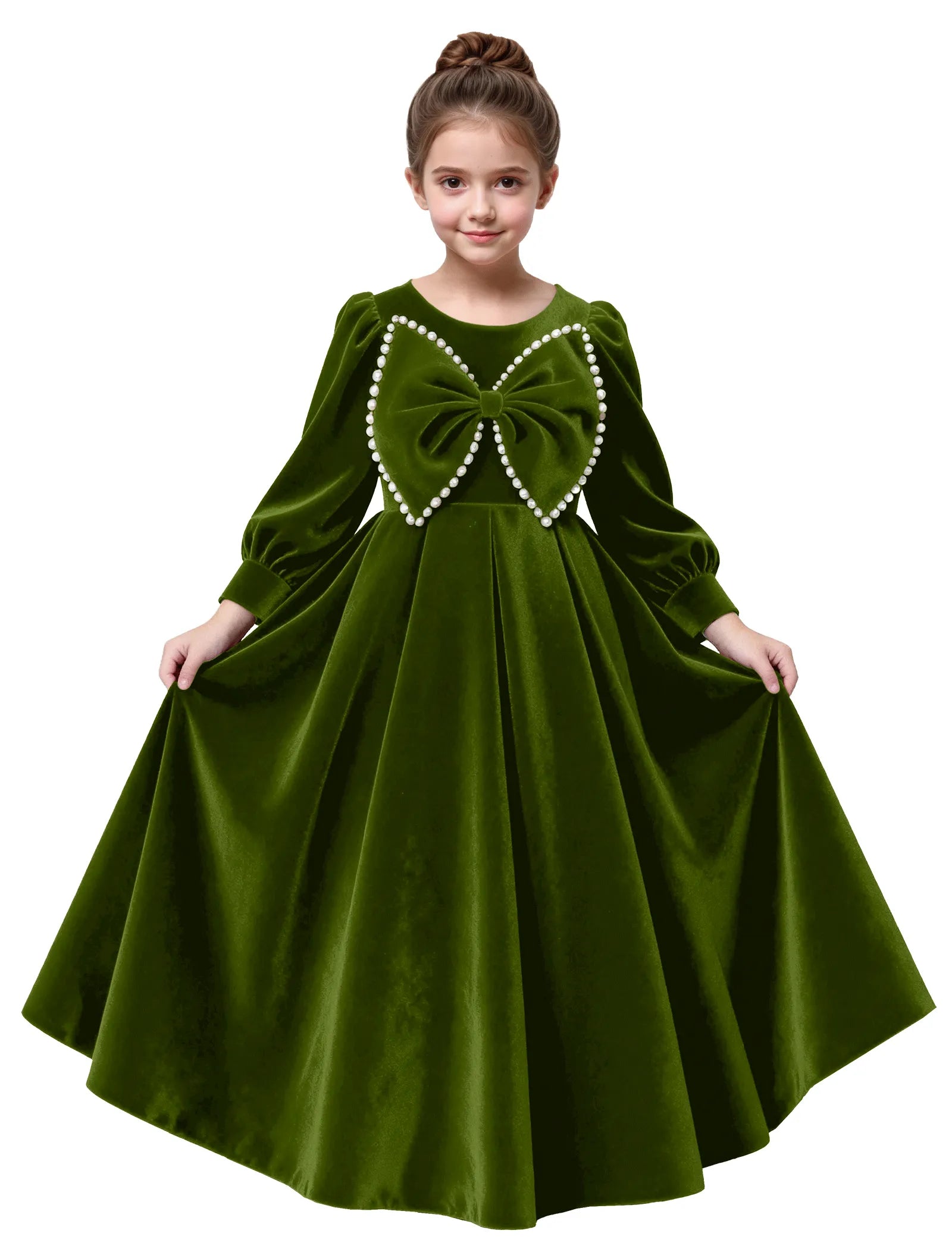 Long Sleeve Velvet Flower Girl Dress with Pearl Bow