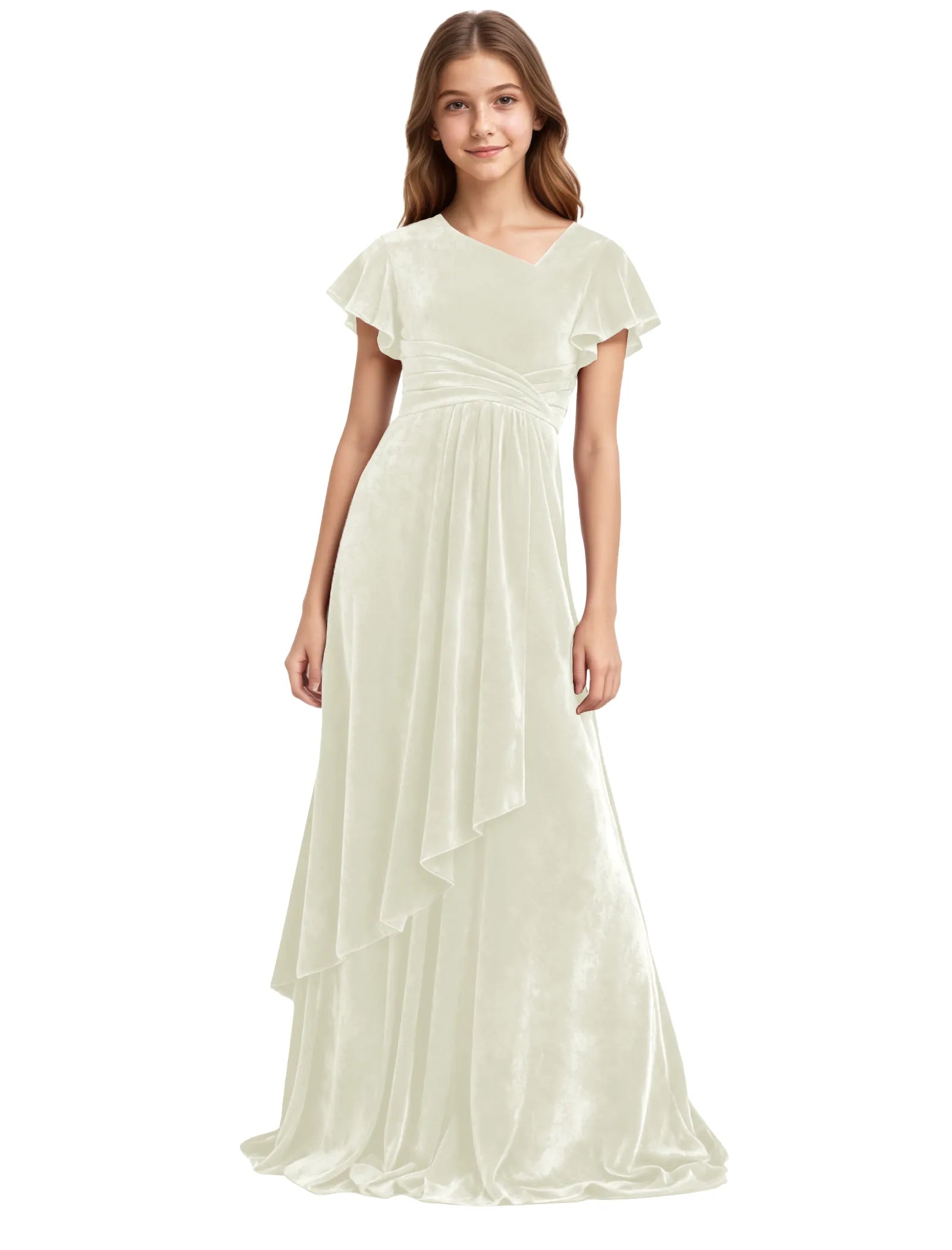 Girls Velvet V-Neck Gown with Draped Ruffle Skirt