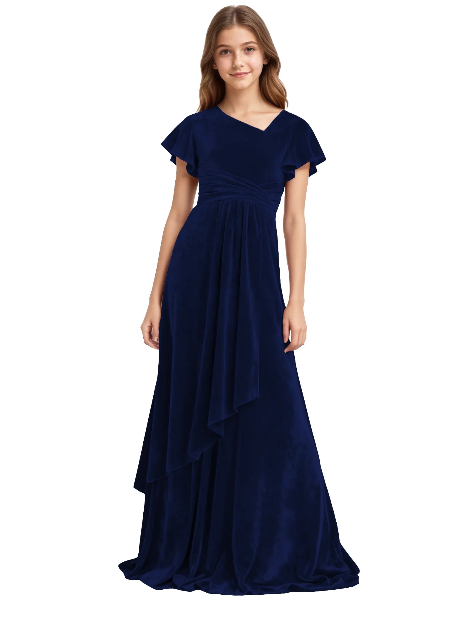 Girls Velvet V-Neck Gown with Draped Ruffle Skirt